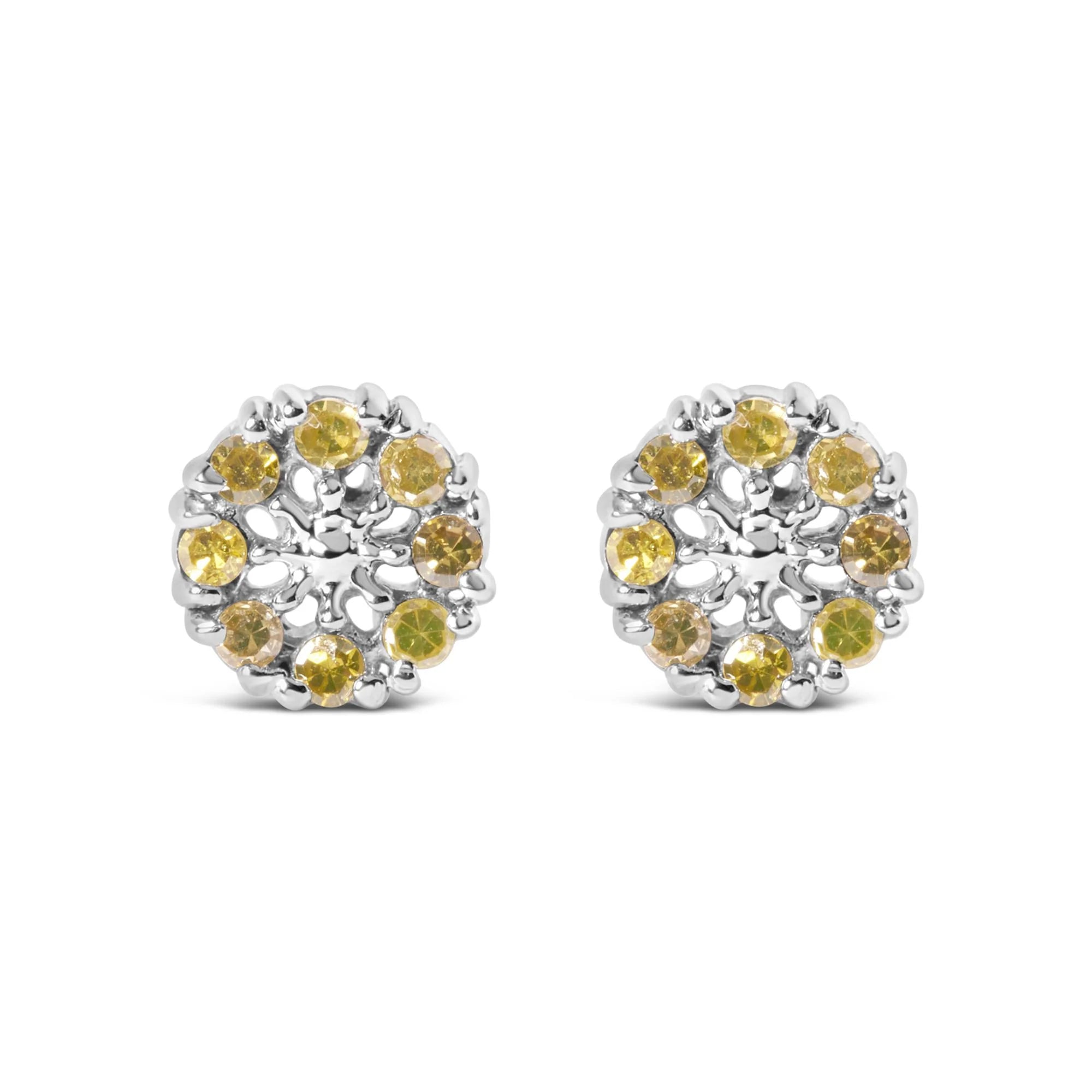 925 Sterling Silver 1/10 Cttw Yellow Diamond Floral Cluster Stud Earrings (Yellow Color, I3 Clarity) - LinkagejewelrydesignLinkagejewelrydesign