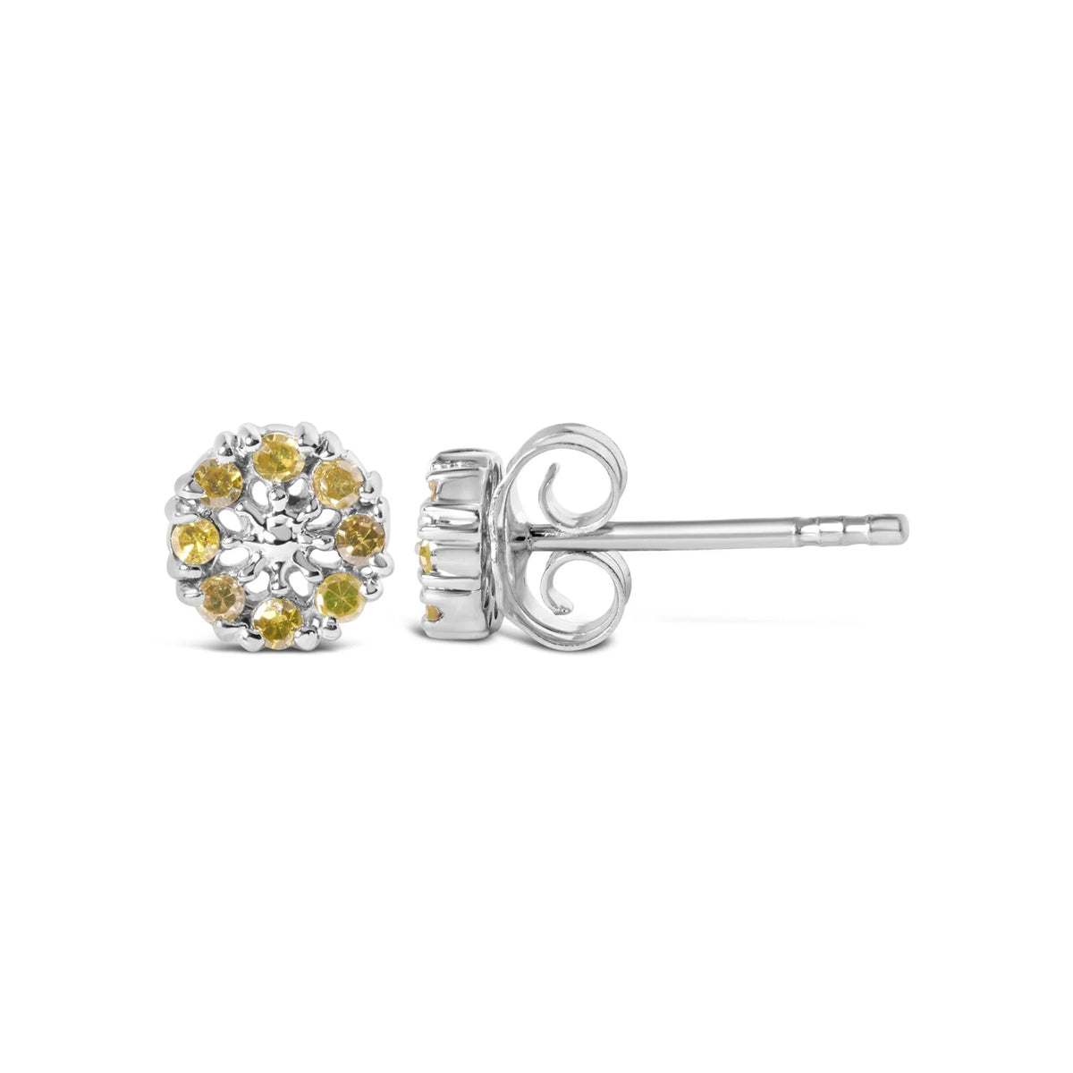 925 Sterling Silver 1/10 Cttw Yellow Diamond Floral Cluster Stud Earrings (Yellow Color, I3 Clarity) - LinkagejewelrydesignLinkagejewelrydesign