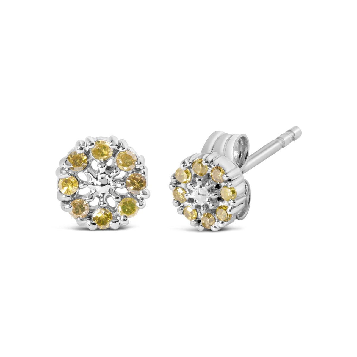 925 Sterling Silver 1/10 Cttw Yellow Diamond Floral Cluster Stud Earrings (Yellow Color, I3 Clarity) - LinkagejewelrydesignLinkagejewelrydesign