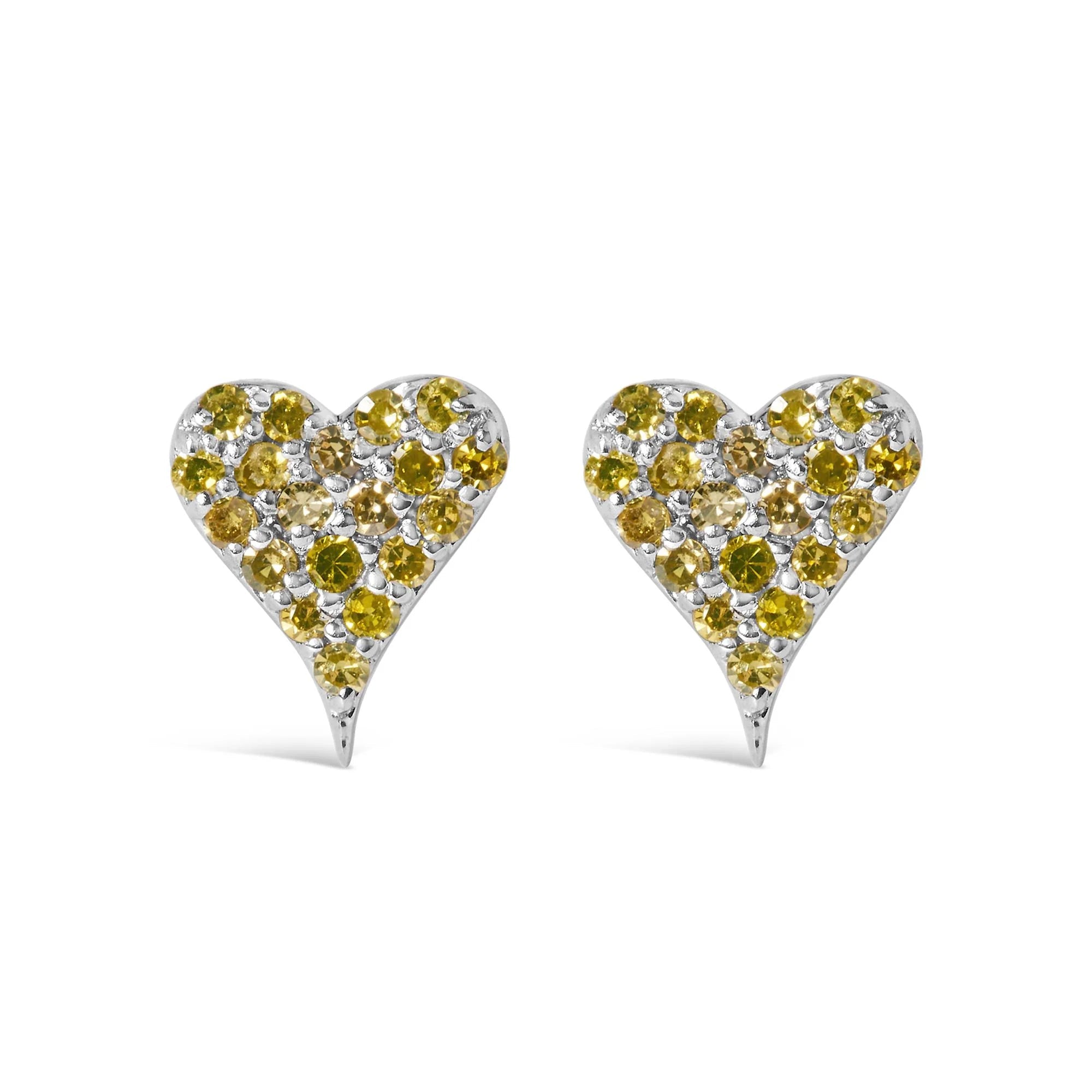 925 Sterling Silver 1/10 Cttw Yellow Diamond Heart Shaped Stud Earrings (Yellow Color, I3 Clarity) - LinkagejewelrydesignLinkagejewelrydesign