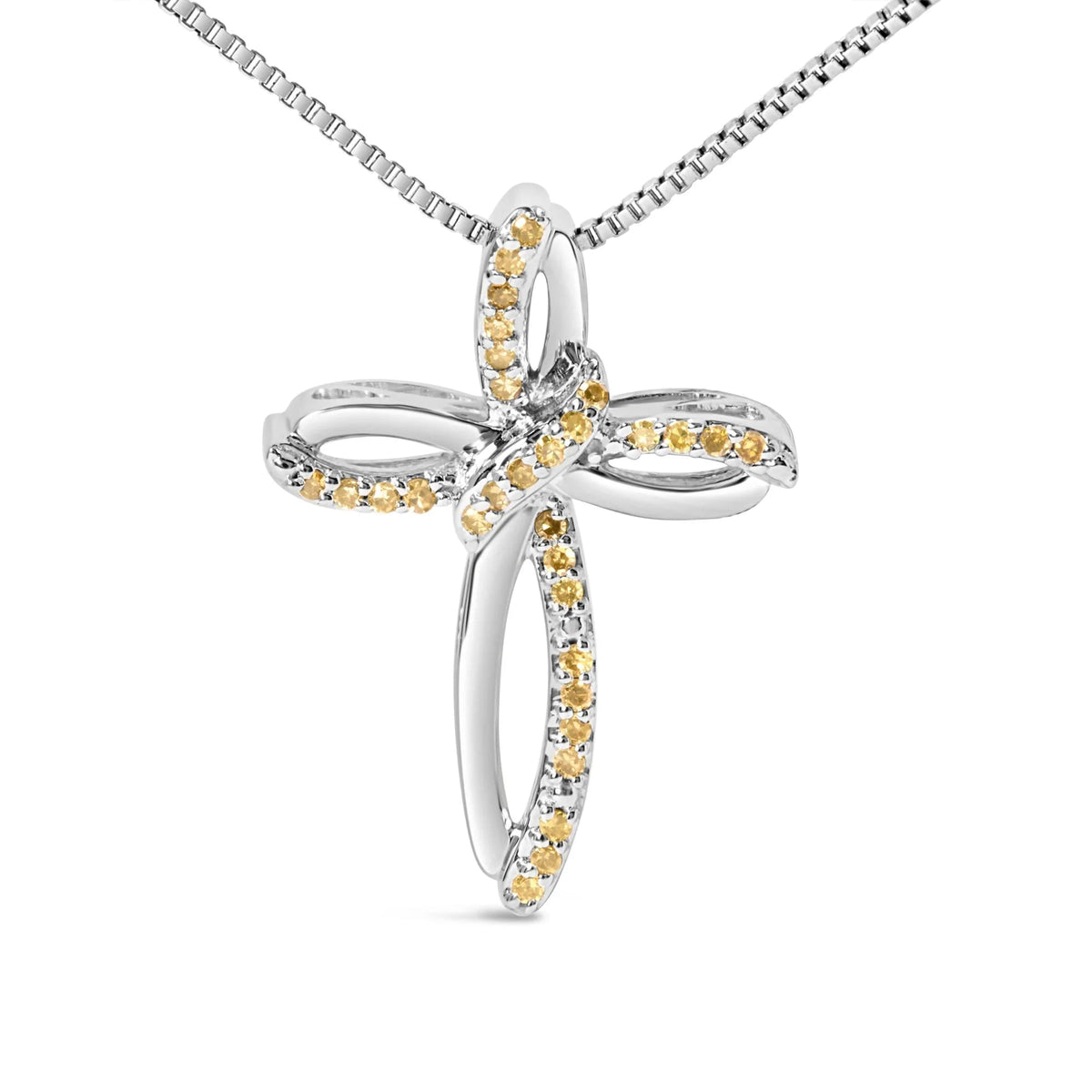 .925 Sterling Silver 1/10 Cttw Yellow Diamond Swirl Ribbon and Cross Pendant Necklace (Yellow Color, I3 Clarity) - LinkagejewelrydesignLinkagejewelrydesign