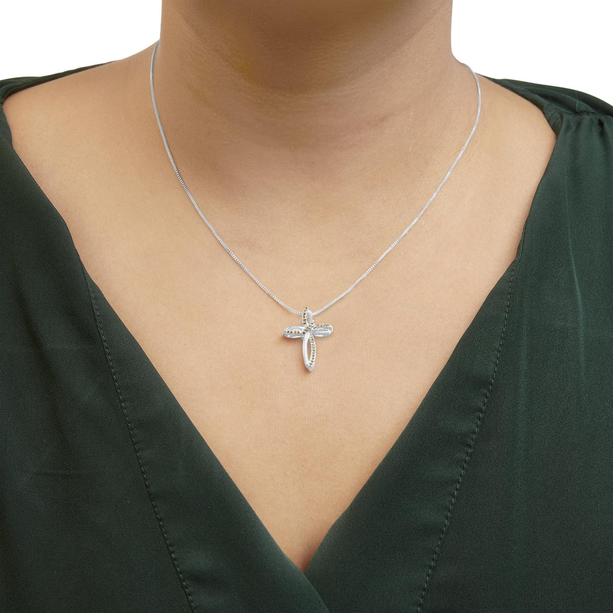 .925 Sterling Silver 1/10 Cttw Yellow Diamond Swirl Ribbon and Cross Pendant Necklace (Yellow Color, I3 Clarity) - LinkagejewelrydesignLinkagejewelrydesign