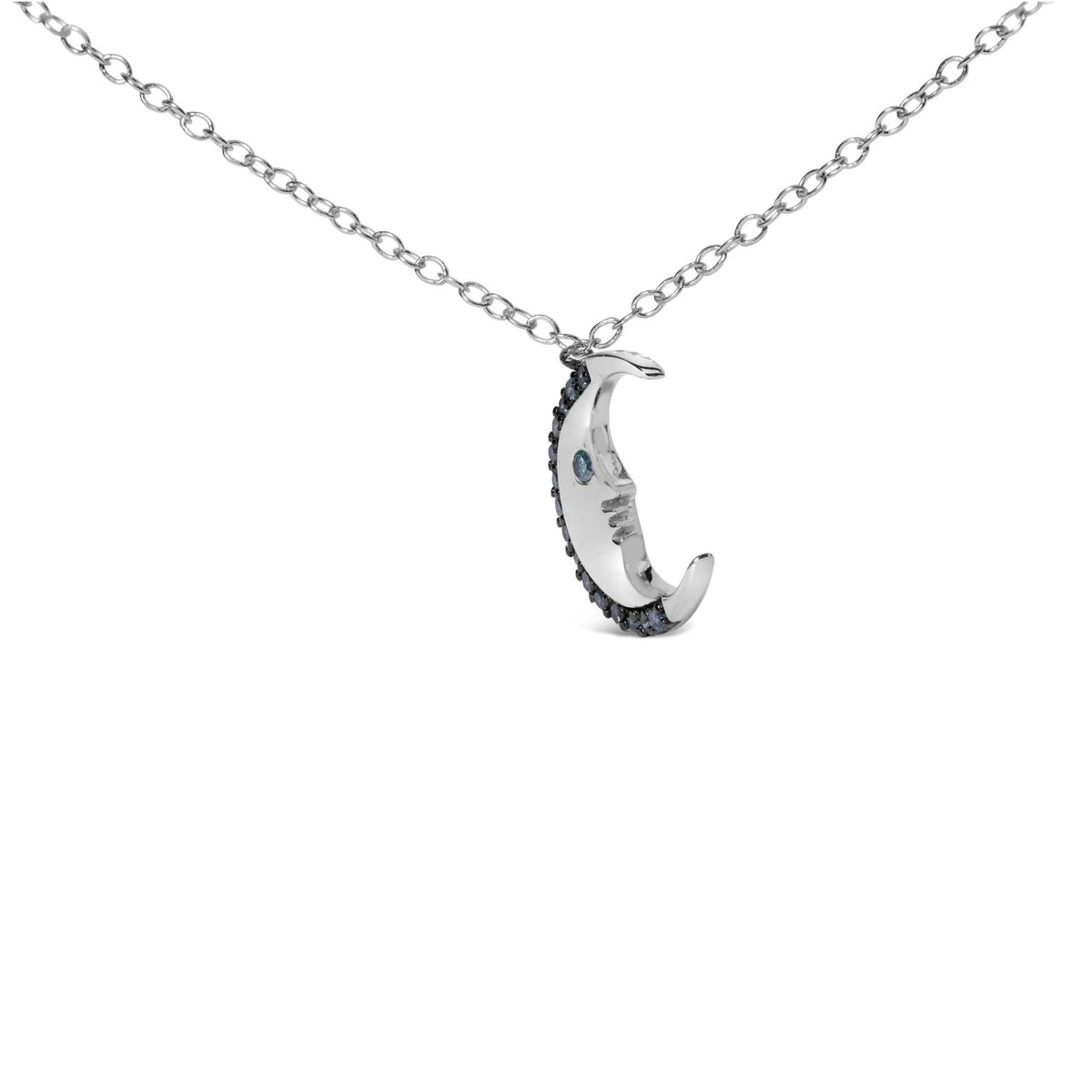 .925 Sterling Silver 1/10ct Blue Diamond Crescent Man on the Moon 18&quot; Pendant Necklace (Blue Color, SI1 - SI2 Clarity) - LinkagejewelrydesignLinkagejewelrydesign