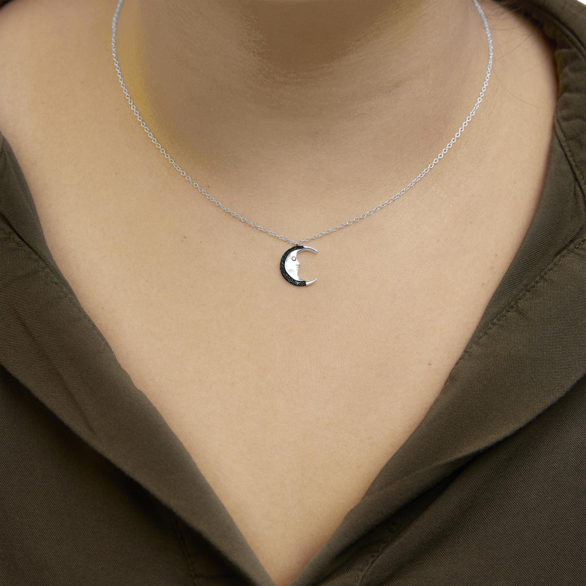 .925 Sterling Silver 1/10ct Blue Diamond Crescent Man on the Moon 18&quot; Pendant Necklace (Blue Color, SI1 - SI2 Clarity) - LinkagejewelrydesignLinkagejewelrydesign