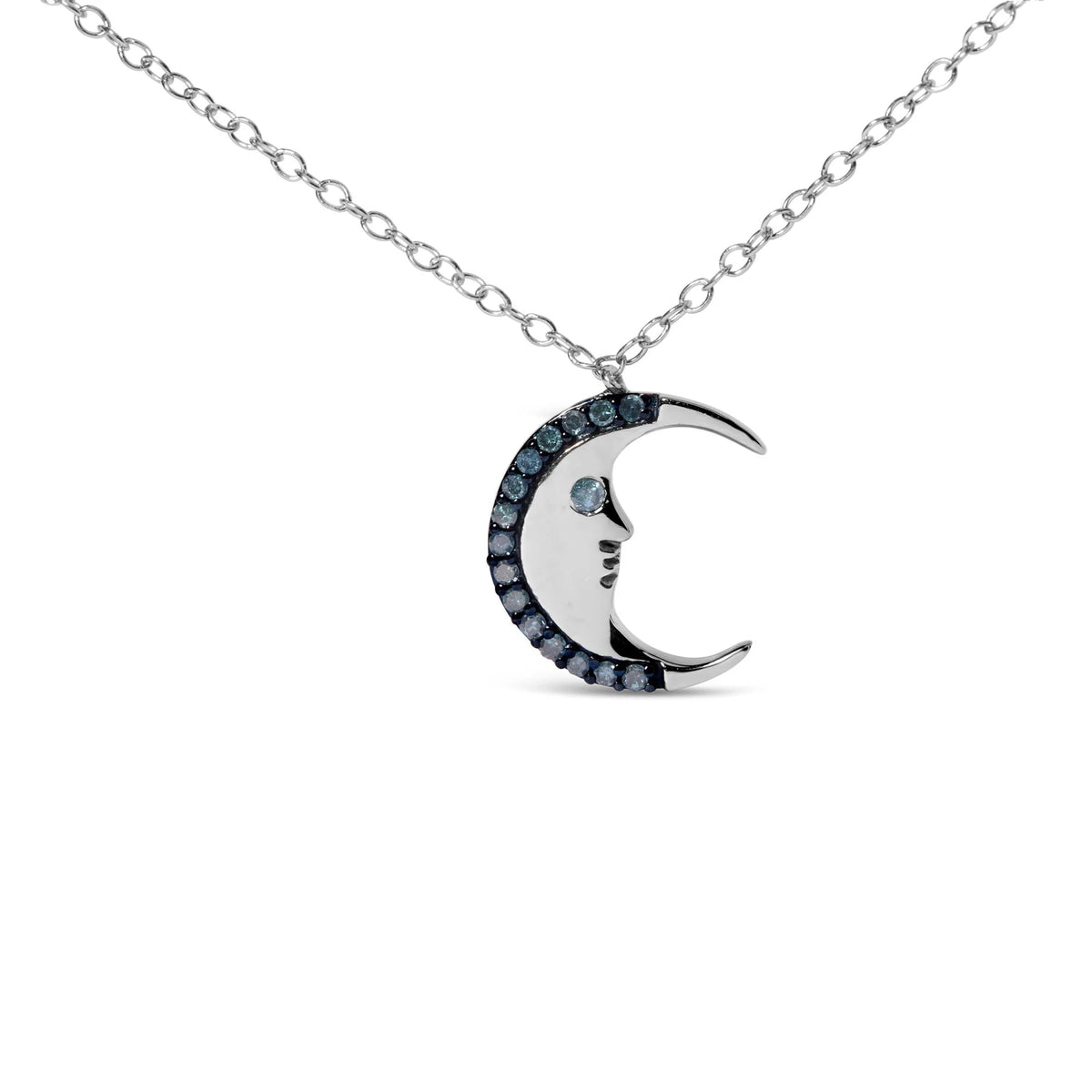 .925 Sterling Silver 1/10ct Blue Diamond Crescent Man on the Moon 18&quot; Pendant Necklace (Blue Color, SI1 - SI2 Clarity) - LinkagejewelrydesignLinkagejewelrydesign