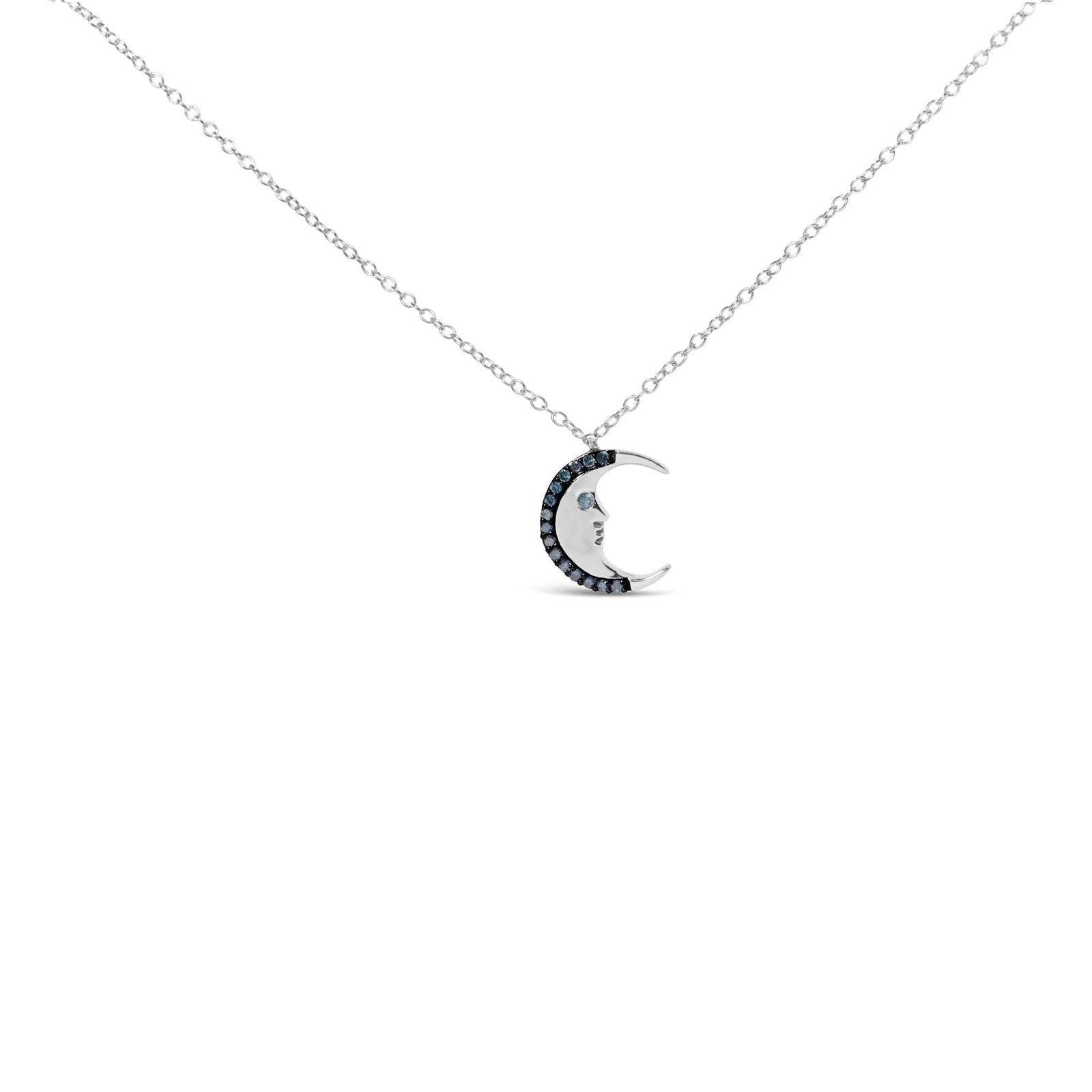 .925 Sterling Silver 1/10ct Blue Diamond Crescent Man on the Moon 18" Pendant Necklace (Blue Color, SI1 - SI2 Clarity) - LinkagejewelrydesignLinkagejewelrydesign