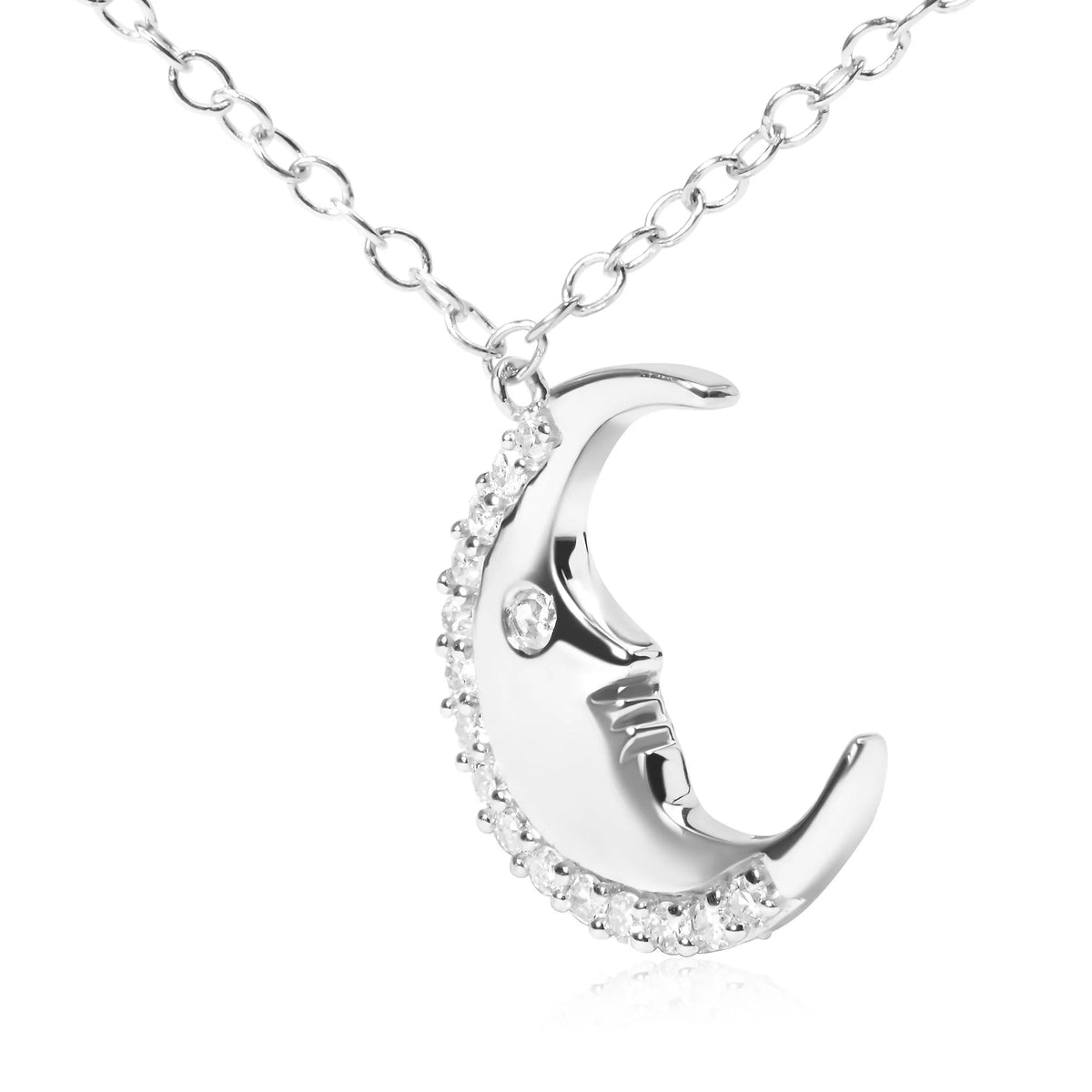 925 Sterling Silver 1/10ct Diamond Crescent Man on the Moon 18" Pendant Necklace (H - I Color, SI1 - SI2 Clarity) - LinkagejewelrydesignLinkagejewelrydesign