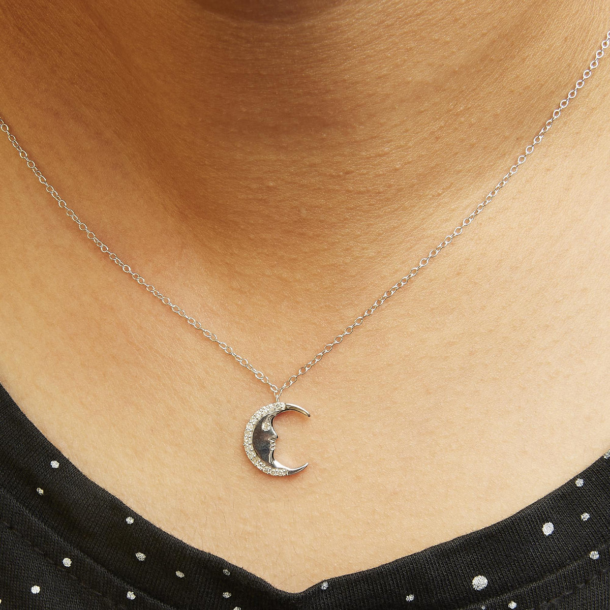 925 Sterling Silver 1/10ct Diamond Crescent Man on the Moon 18" Pendant Necklace (H - I Color, SI1 - SI2 Clarity) - LinkagejewelrydesignLinkagejewelrydesign