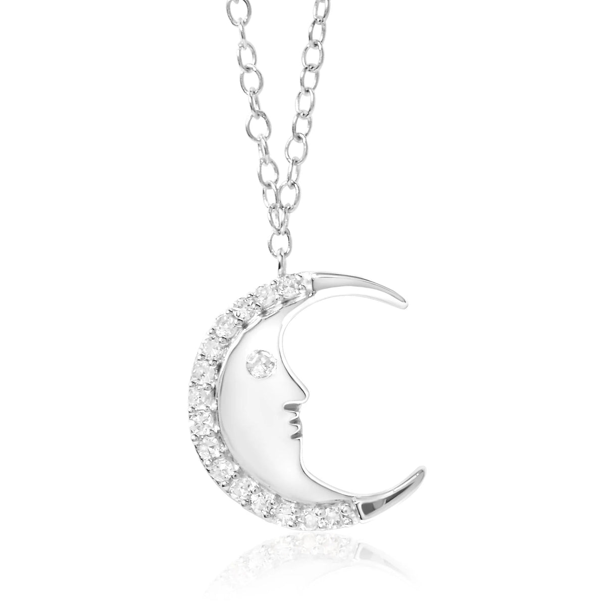 925 Sterling Silver 1/10ct Diamond Crescent Man on the Moon 18" Pendant Necklace (H - I Color, SI1 - SI2 Clarity) - LinkagejewelrydesignLinkagejewelrydesign