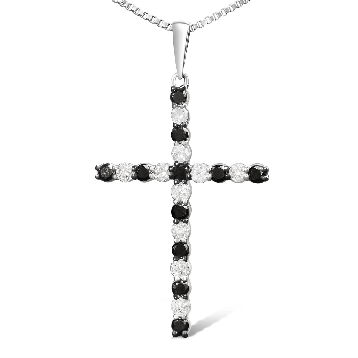 .925 Sterling Silver 1/2 Cttw Alternating Black and White Diamond Cross Pendant Necklace (H - I Color, I2 - I3 Clarity) - 18&quot; Inches - LinkagejewelrydesignLinkagejewelrydesign