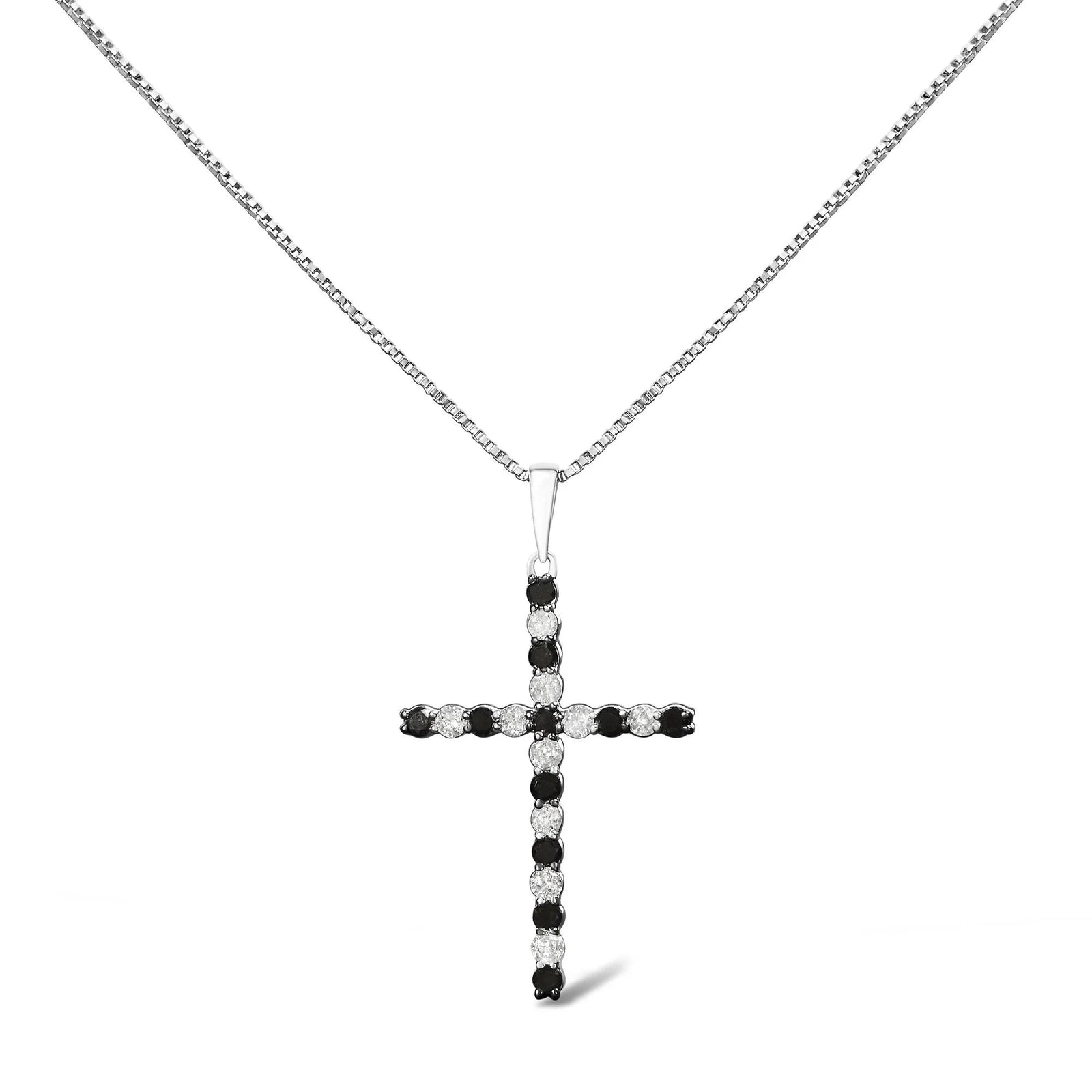 .925 Sterling Silver 1/2 Cttw Alternating Black and White Diamond Cross Pendant Necklace (H - I Color, I2 - I3 Clarity) - 18" Inches - LinkagejewelrydesignLinkagejewelrydesign
