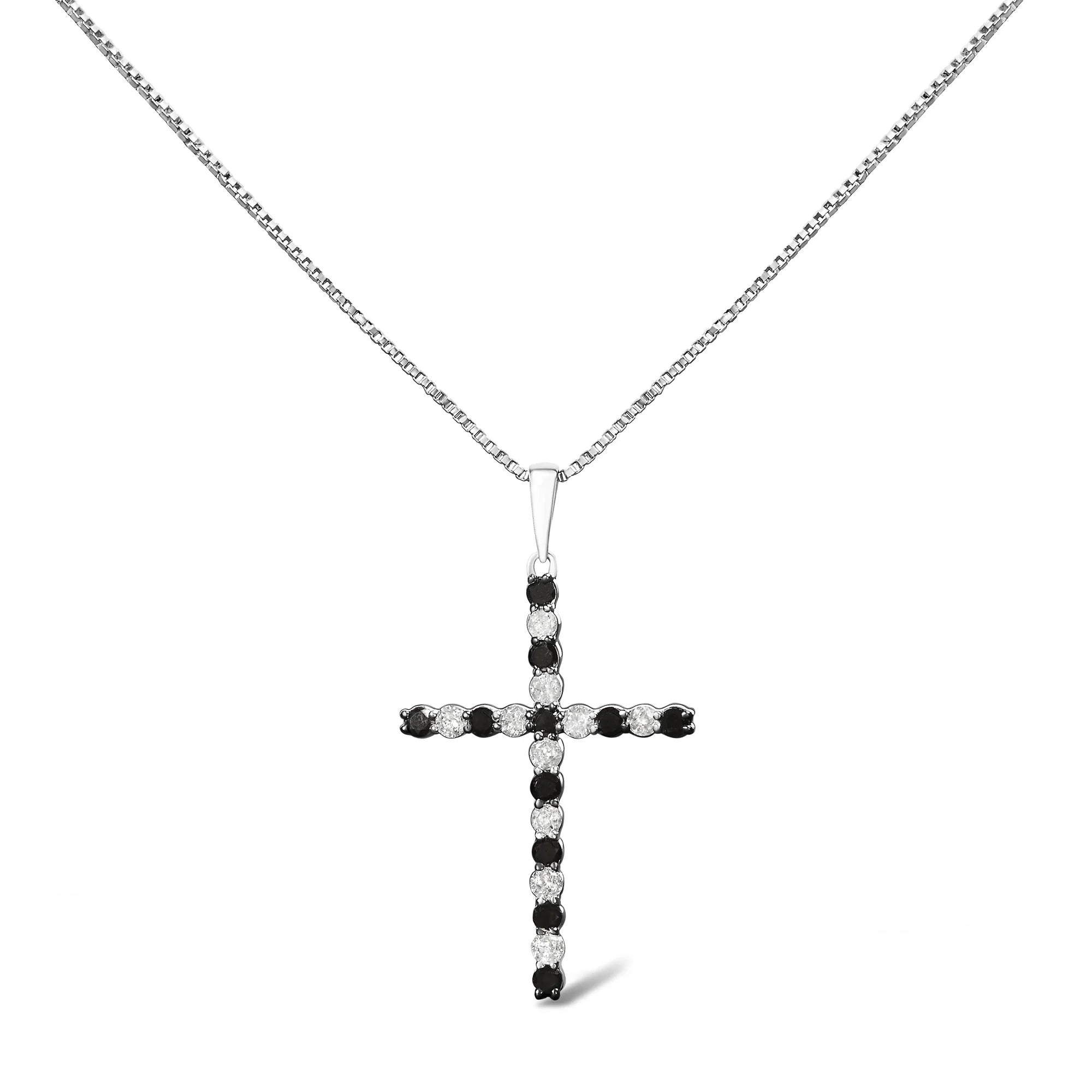 .925 Sterling Silver 1/2 Cttw Alternating Black and White Diamond Cross Pendant Necklace (H - I Color, I2 - I3 Clarity) - 18" Inches - LinkagejewelrydesignLinkagejewelrydesign
