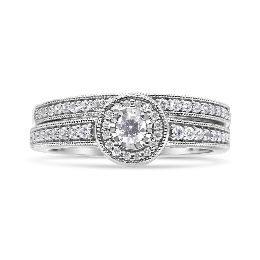 .925 Sterling Silver 1/2 Ctw Diamond Halo and Milgrain Engagement Ring Bridal Set (I - J Color, I3 Clarity) - LinkagejewelrydesignLinkagejewelrydesign