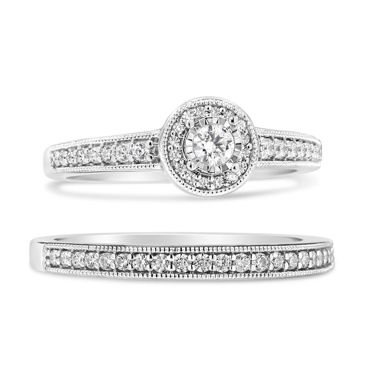 .925 Sterling Silver 1/2 Ctw Diamond Halo and Milgrain Engagement Ring Bridal Set (I - J Color, I3 Clarity) - LinkagejewelrydesignLinkagejewelrydesign
