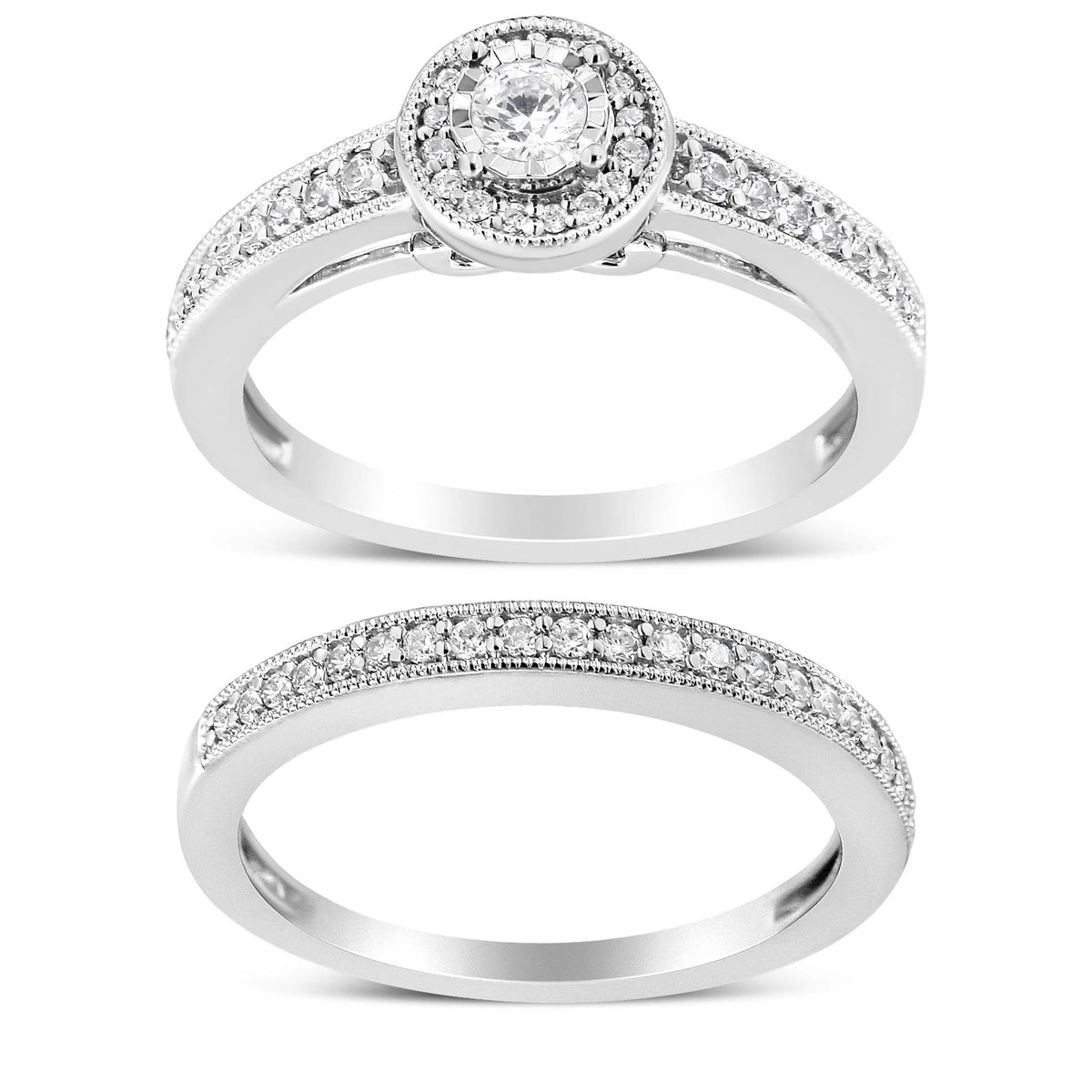 .925 Sterling Silver 1/2 Ctw Diamond Halo and Milgrain Engagement Ring Bridal Set (I - J Color, I3 Clarity) - LinkagejewelrydesignLinkagejewelrydesign