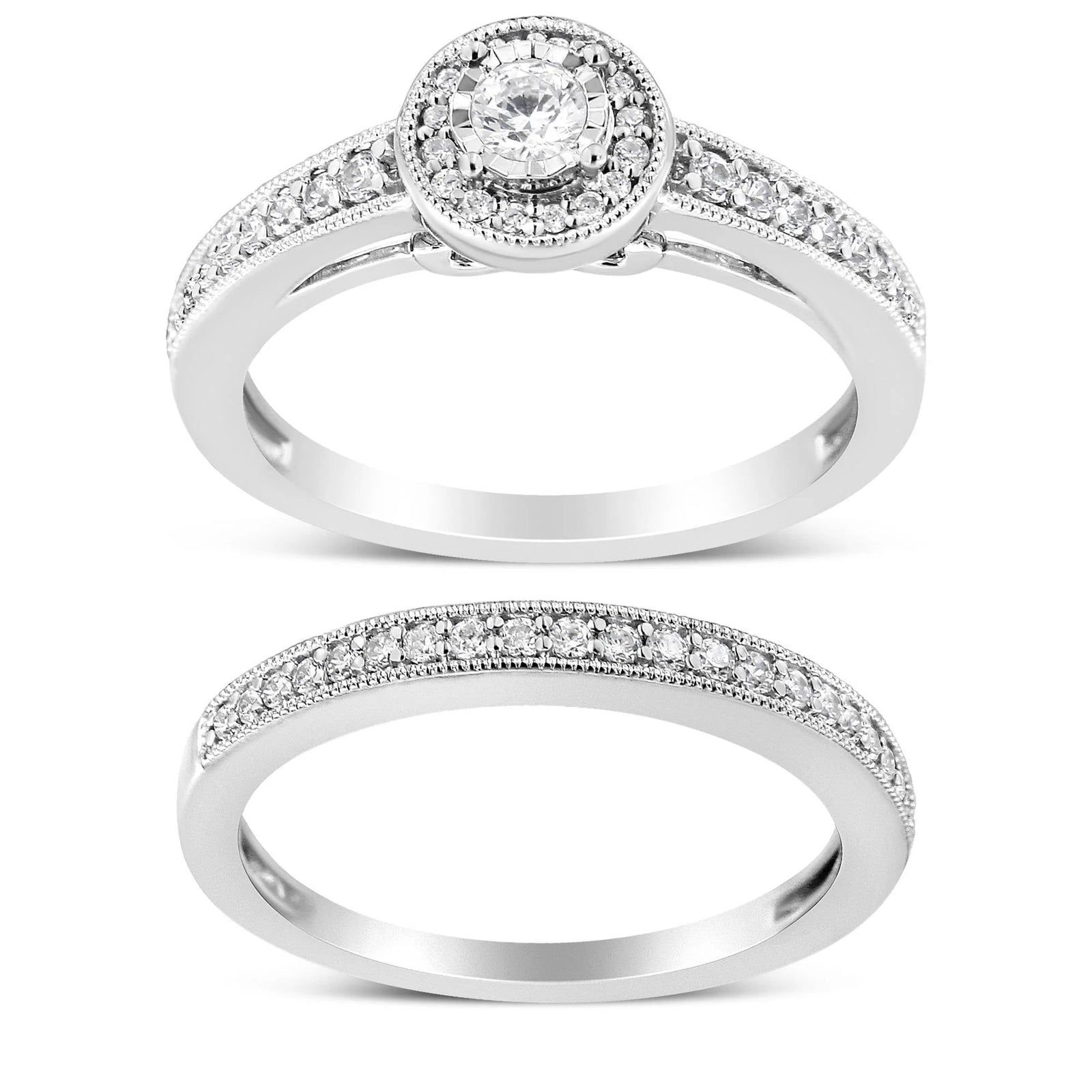 .925 Sterling Silver 1/2 Ctw Diamond Halo and Milgrain Engagement Ring Bridal Set (I - J Color, I3 Clarity) - LinkagejewelrydesignLinkagejewelrydesign