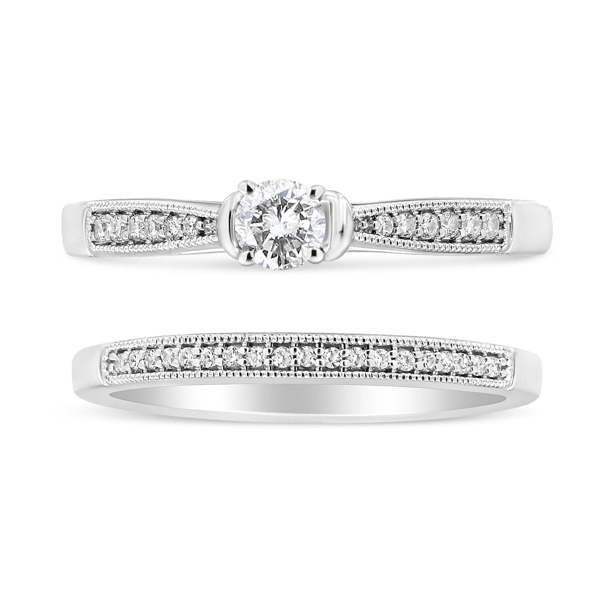 .925 Sterling Silver 1/3 Cttw Diamond Classic Engagement Ring Bridal Set with Milgrain (I - J Color, I3 Clarity) - LinkagejewelrydesignLinkagejewelrydesign