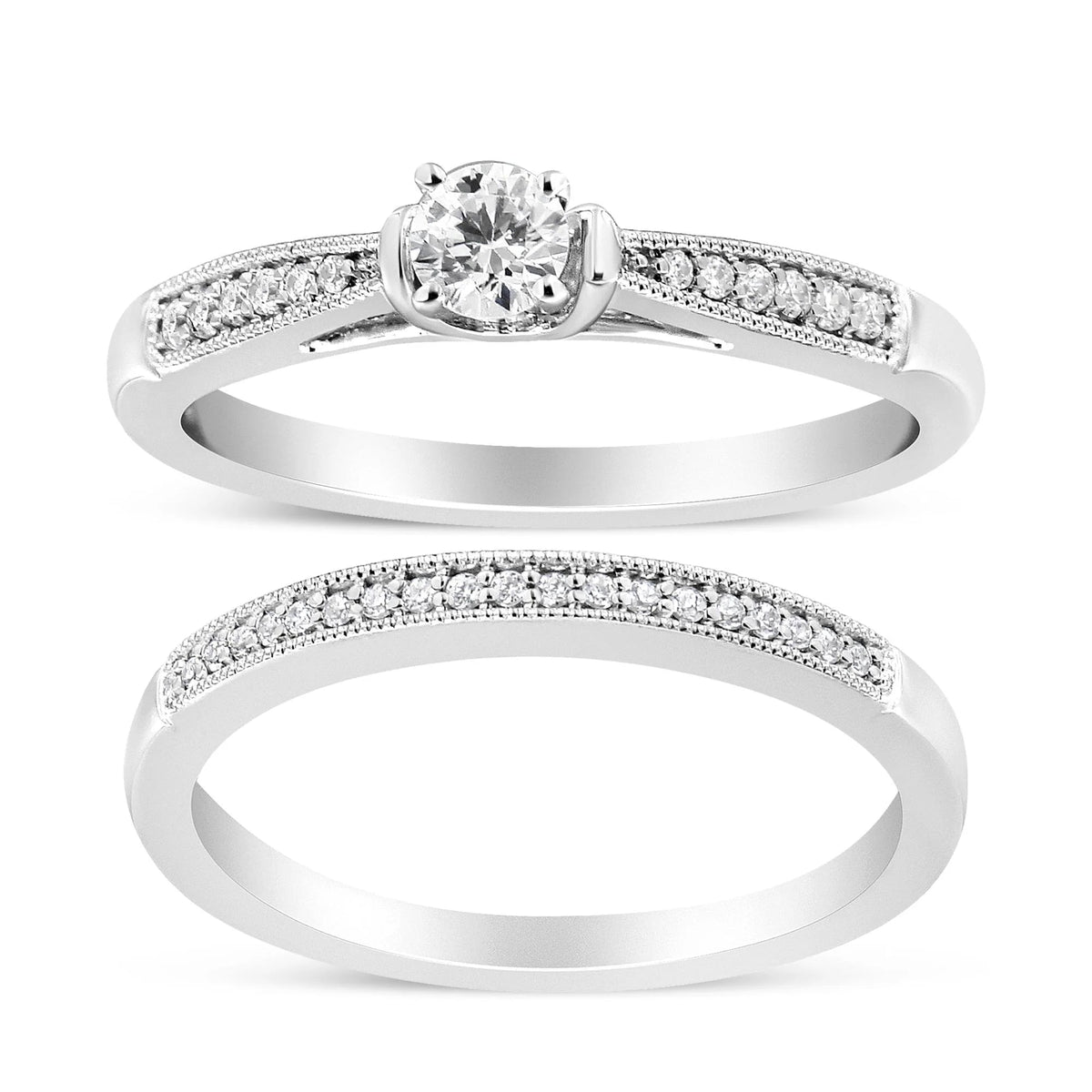 .925 Sterling Silver 1/3 Cttw Diamond Classic Engagement Ring Bridal Set with Milgrain (I - J Color, I3 Clarity) - LinkagejewelrydesignLinkagejewelrydesign