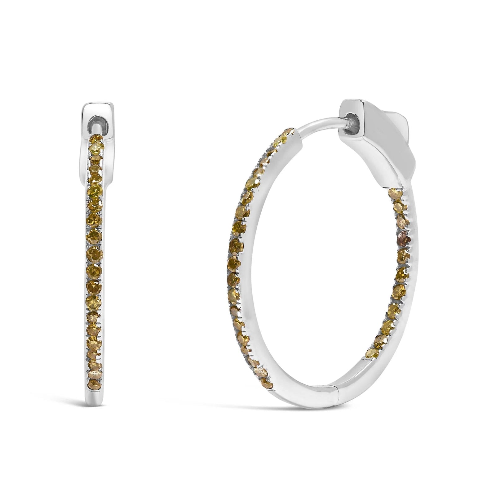 .925 Sterling Silver 1/3 Cttw Inside Out Yellow Treated Diamond 1MM Wide Hoop Earrings (Yellow Color, I2 - I3 Clarity) - LinkagejewelrydesignLinkagejewelrydesign