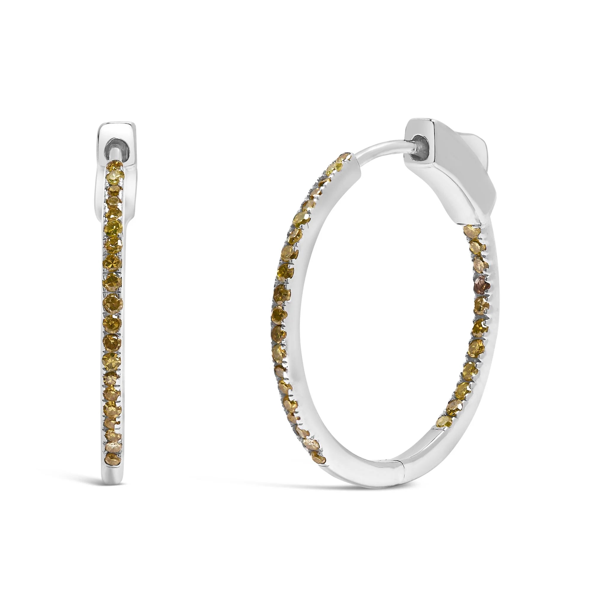 .925 Sterling Silver 1/3 Cttw Inside Out Yellow Treated Diamond 1MM Wide Hoop Earrings (Yellow Color, I2 - I3 Clarity) - LinkagejewelrydesignLinkagejewelrydesign