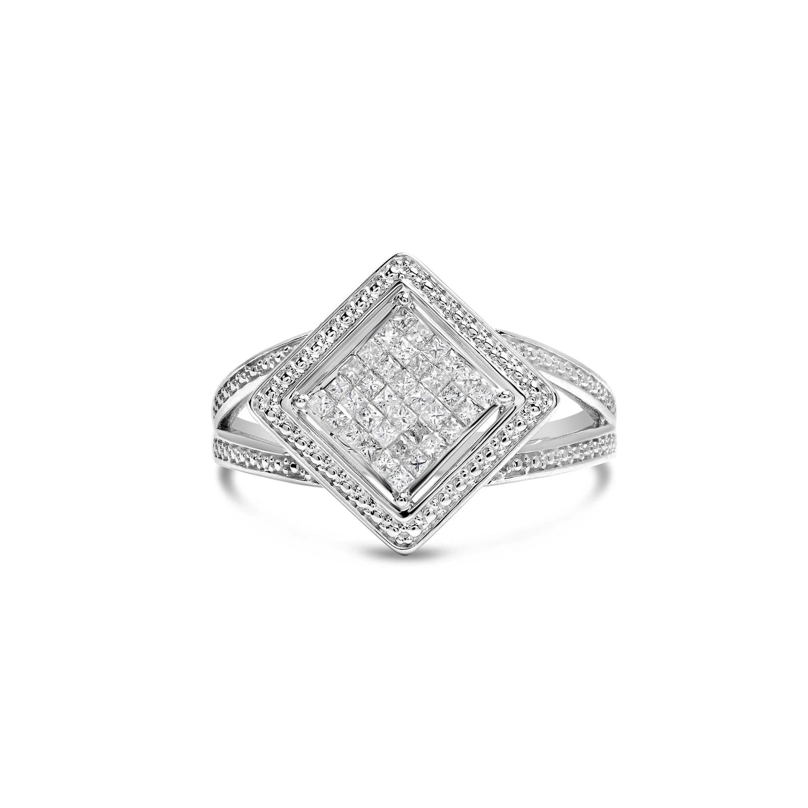 .925 Sterling Silver 1/3 Cttw Invisible Set Princess - Cut Diamond Rhombus and Beaded Halo Ring (H - I Color, SI1 - SI2 Clarity) - LinkagejewelrydesignLinkagejewelrydesign