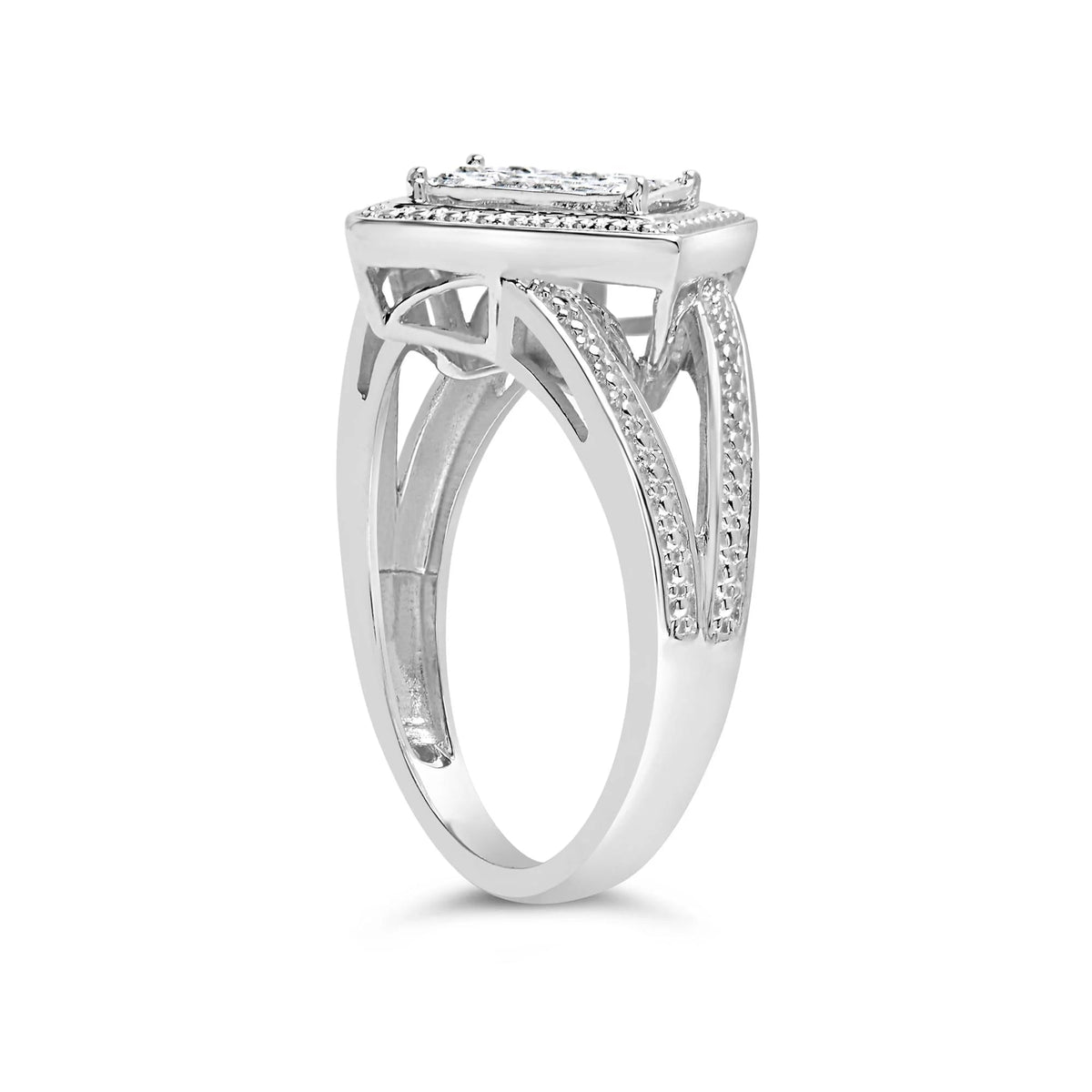 .925 Sterling Silver 1/3 Cttw Invisible Set Princess - Cut Diamond Rhombus and Beaded Halo Ring (H - I Color, SI1 - SI2 Clarity) - LinkagejewelrydesignLinkagejewelrydesign