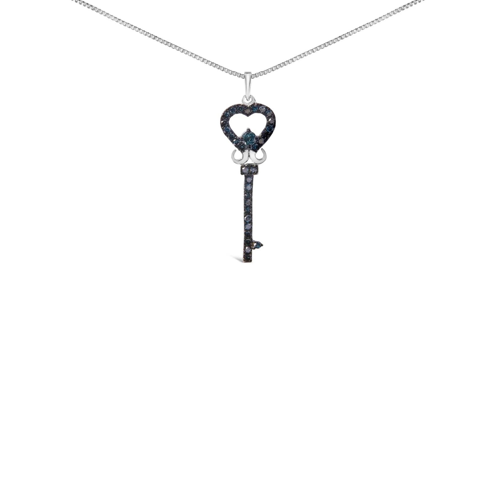 .925 Sterling Silver 1/3 Ctw Blue Diamond Studded Key 18" Pendant Necklace (Blue Color, I2 - I3 Clarity) - LinkagejewelrydesignLinkagejewelrydesign