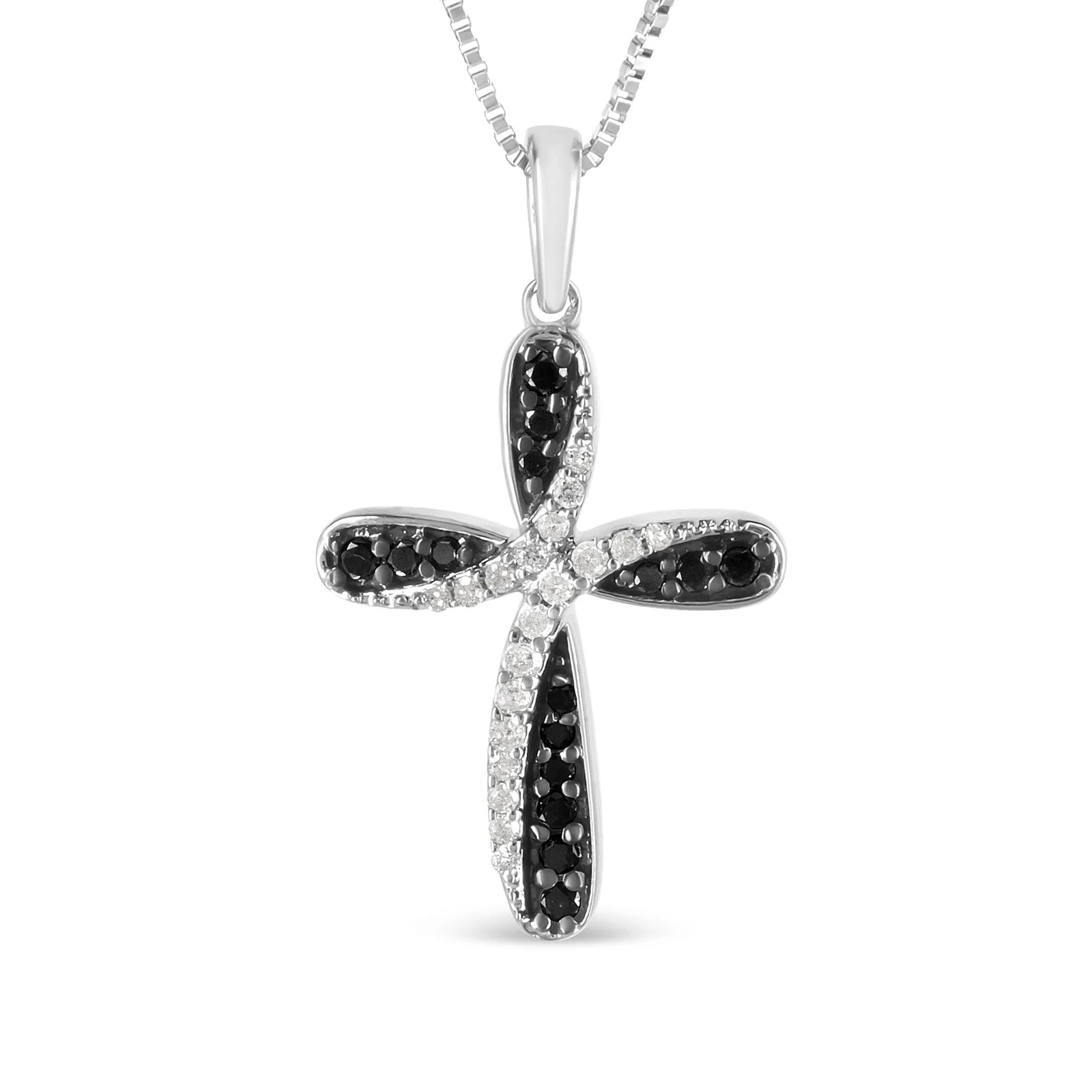 .925 Sterling Silver 1/4 Cttw Alternating Black and White Diamond Intertwining Ribbon Weave Cross 18" Pendant Necklace (Black/I - J Color, I2 - I3 Clarity) - LinkagejewelrydesignLinkagejewelrydesign