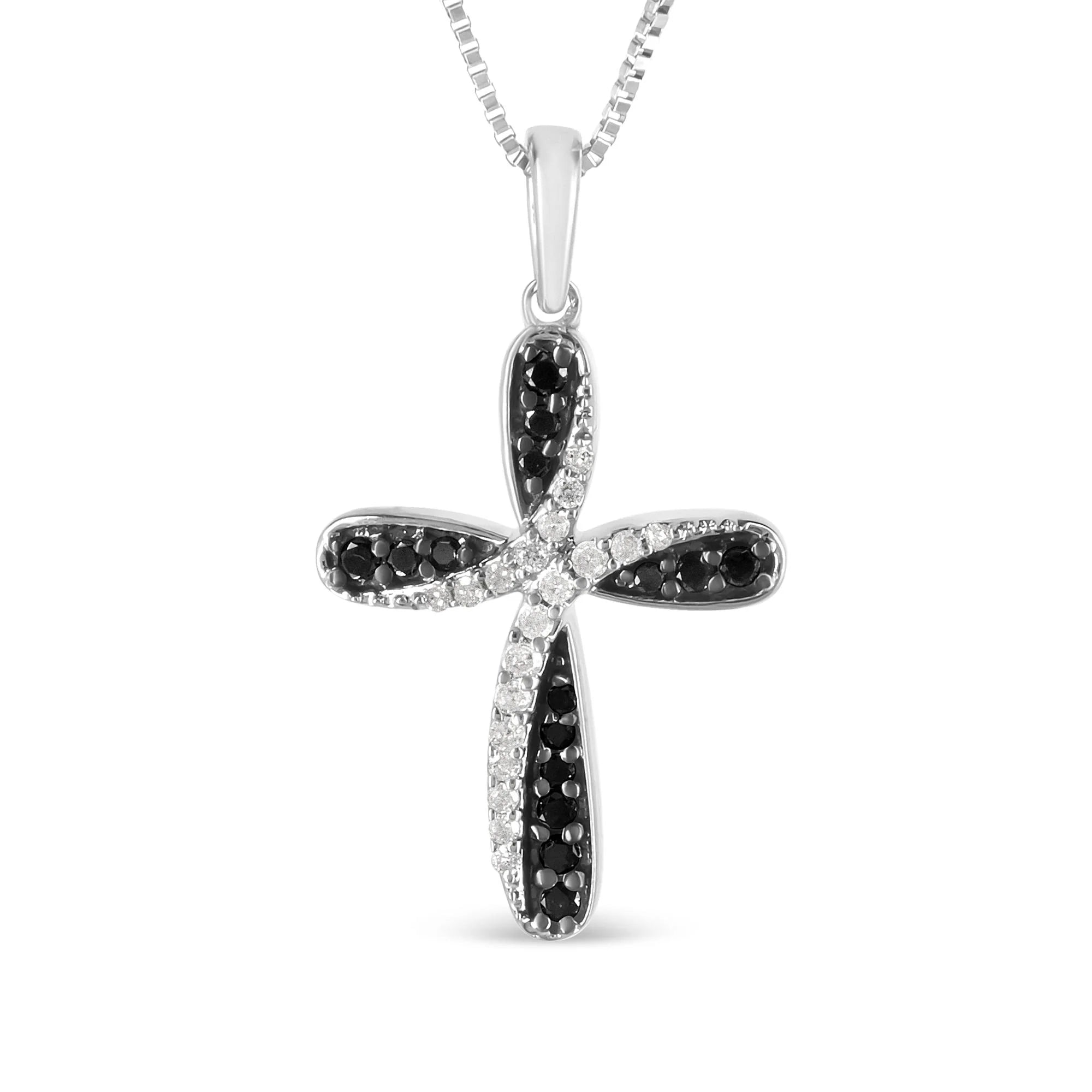 .925 Sterling Silver 1/4 Cttw Alternating Black and White Diamond Intertwining Ribbon Weave Cross 18" Pendant Necklace (Black/I - J Color, I2 - I3 Clarity) - LinkagejewelrydesignLinkagejewelrydesign