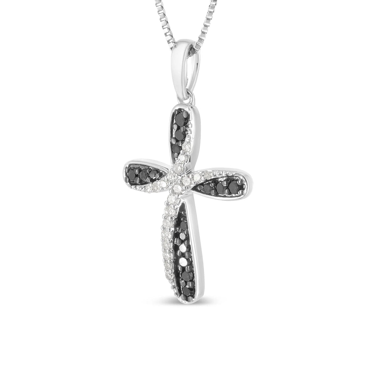 .925 Sterling Silver 1/4 Cttw Alternating Black and White Diamond Intertwining Ribbon Weave Cross 18" Pendant Necklace (Black/I - J Color, I2 - I3 Clarity) - LinkagejewelrydesignLinkagejewelrydesign