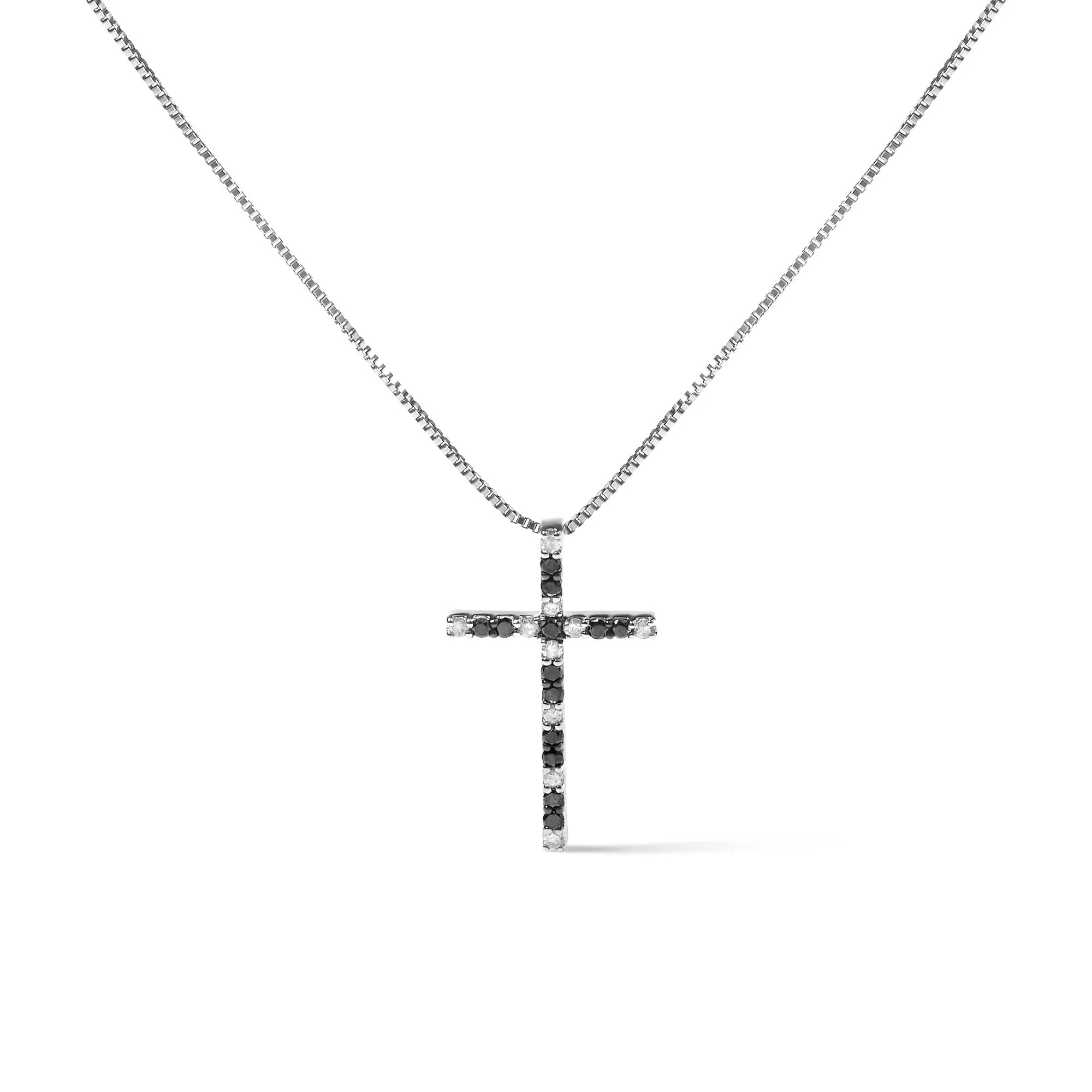 .925 Sterling Silver 1/4 Cttw Black and White Diamond Cross 18" Pendant Necklace (H - I Color, I2 - I3 Clarity) - LinkagejewelrydesignLinkagejewelrydesign