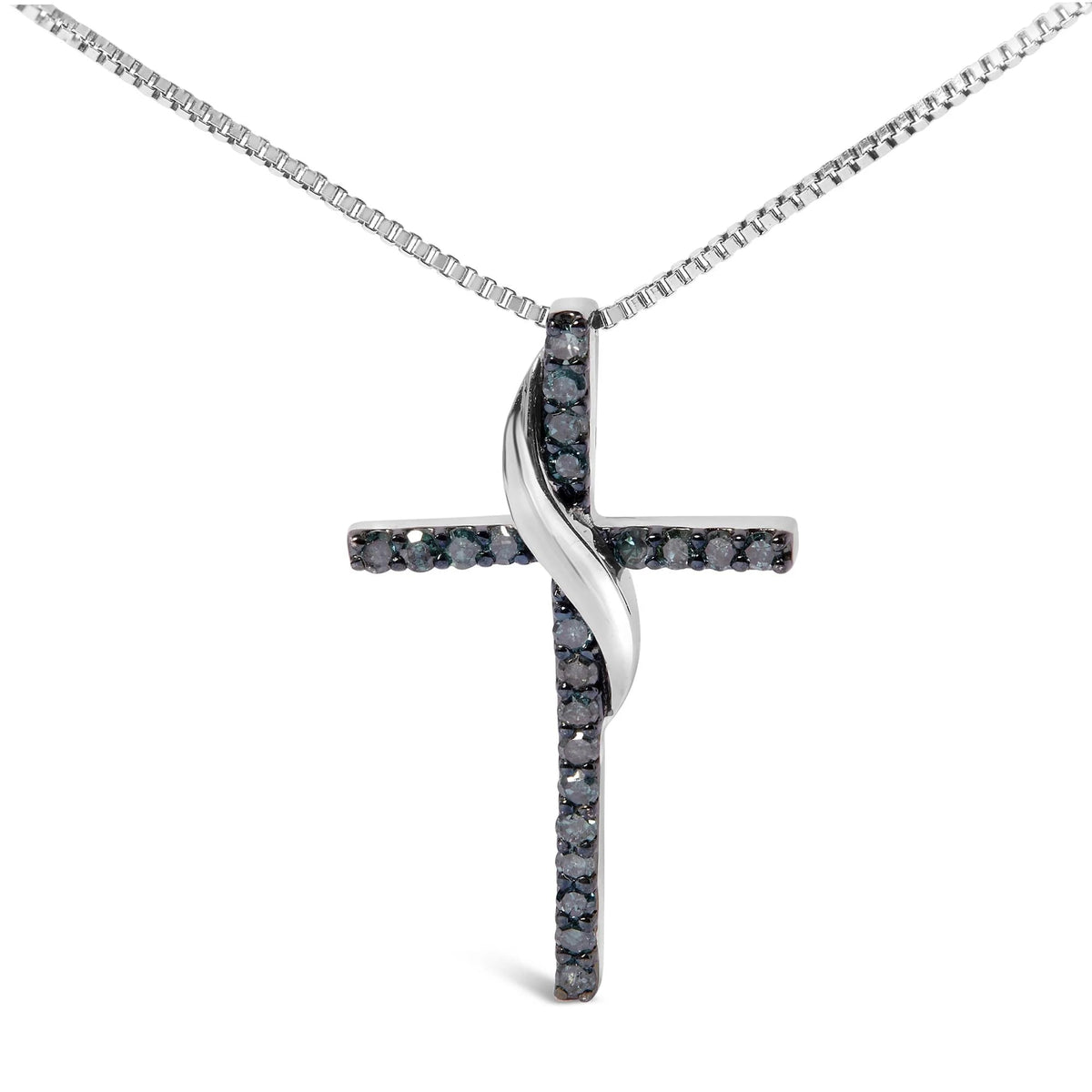 .925 Sterling Silver 1/4 Cttw Blue Diamond Ribbon Swirl over Cross Pendant Necklace (Blue Color, I2 - I3 Clarity) - 18&quot; Inches - LinkagejewelrydesignLinkagejewelrydesign