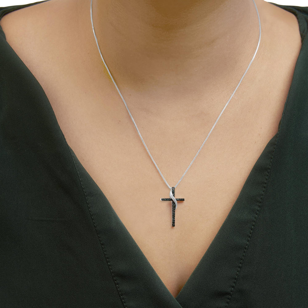.925 Sterling Silver 1/4 Cttw Blue Diamond Ribbon Swirl over Cross Pendant Necklace (Blue Color, I2 - I3 Clarity) - 18&quot; Inches - LinkagejewelrydesignLinkagejewelrydesign