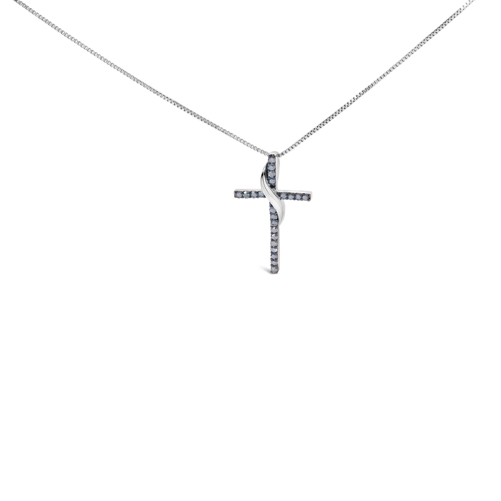 .925 Sterling Silver 1/4 Cttw Blue Diamond Ribbon Swirl over Cross Pendant Necklace (Blue Color, I2 - I3 Clarity) - 18" Inches - LinkagejewelrydesignLinkagejewelrydesign