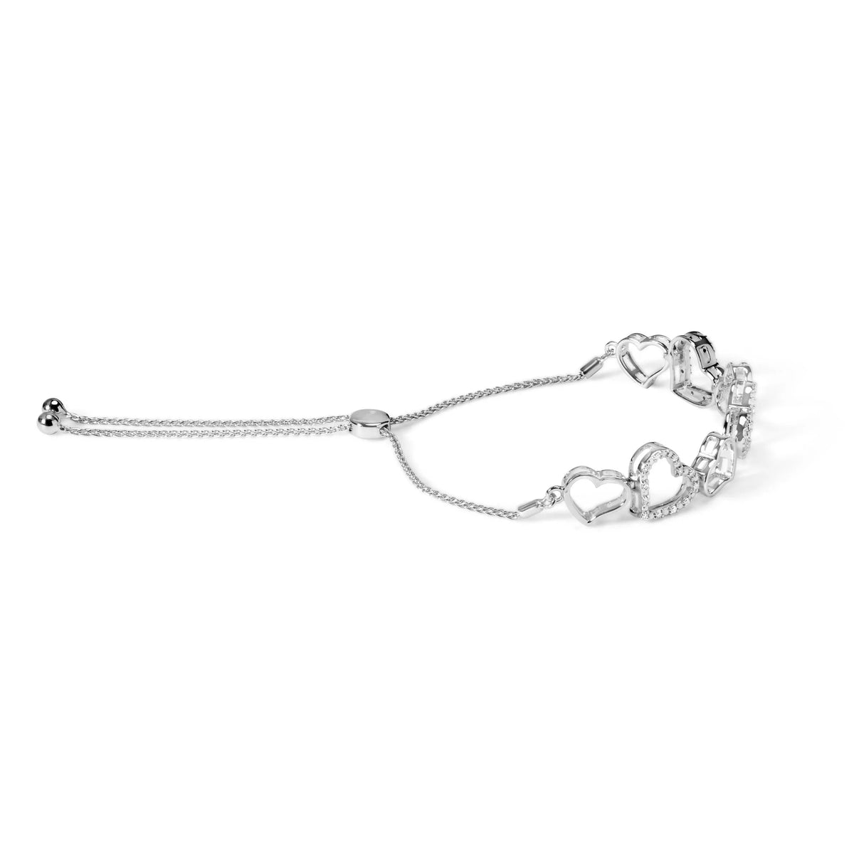 .925 Sterling Silver 1/4 Cttw Diamond Open Heart Link Adjustable Bolo Bracelet (I - J Color, I2 - I3 Clarity) - 4 to 10 Inches - LinkagejewelrydesignLinkagejewelrydesign