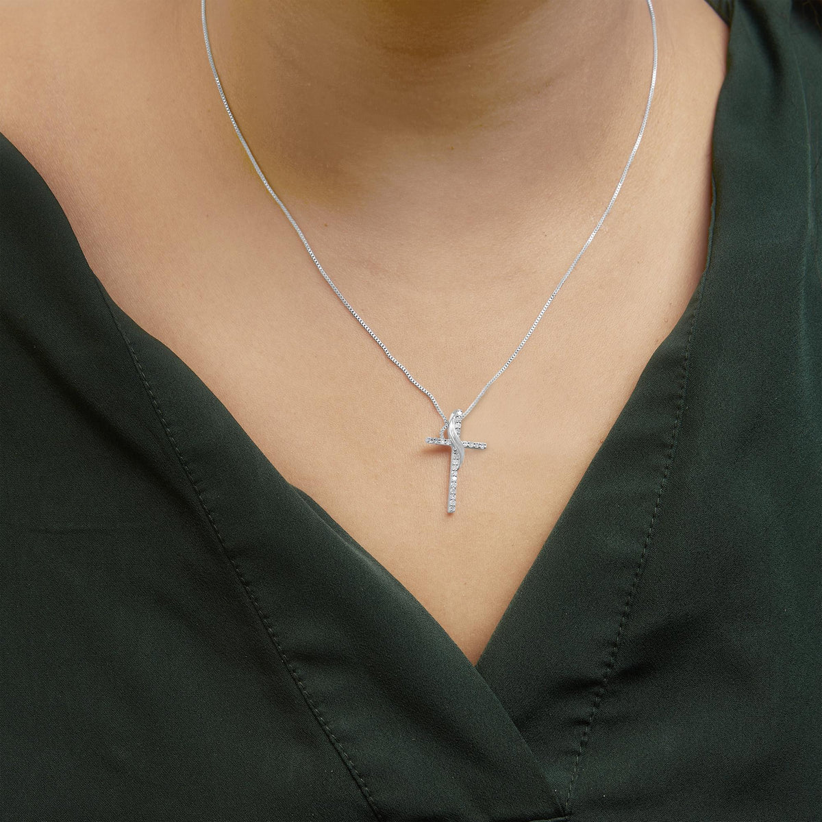 .925 Sterling Silver 1/4 Cttw Diamond Ribbon Swirl over Cross Pendant Necklace (H - I Color, I2 - I3 Clarity) - 18&quot; Inches - LinkagejewelrydesignLinkagejewelrydesign
