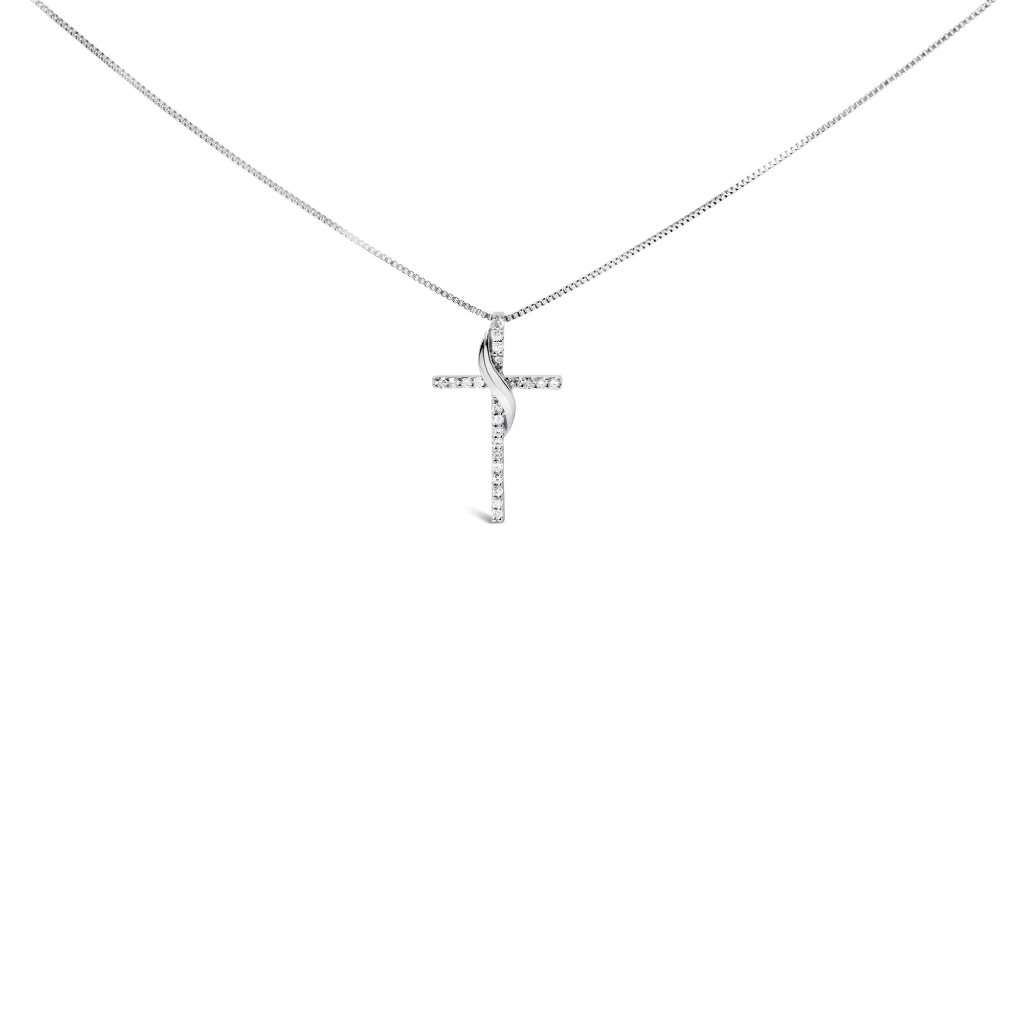 .925 Sterling Silver 1/4 Cttw Diamond Ribbon Swirl over Cross Pendant Necklace (H - I Color, I2 - I3 Clarity) - 18" Inches - LinkagejewelrydesignLinkagejewelrydesign