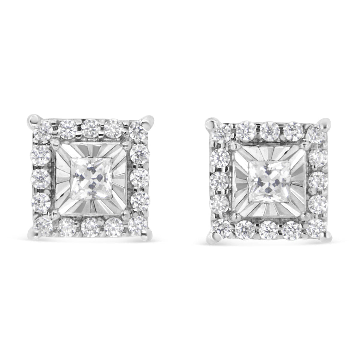 .925 Sterling Silver 1/4 Cttw Princess and Round Cut Diamond Halo Stud Earrings (I - J Color, I2 - I3 Clarity) - LinkagejewelrydesignLinkagejewelrydesign
