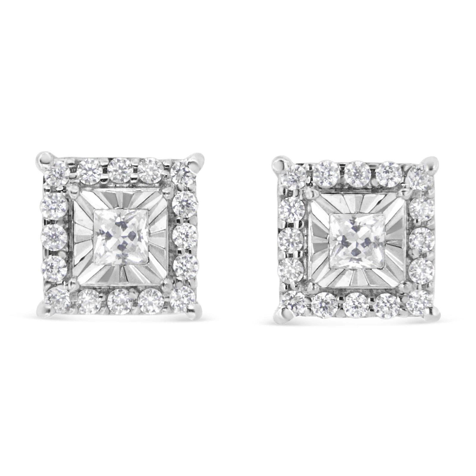.925 Sterling Silver 1/4 Cttw Princess and Round Cut Diamond Halo Stud Earrings (I - J Color, I2 - I3 Clarity) - LinkagejewelrydesignLinkagejewelrydesign