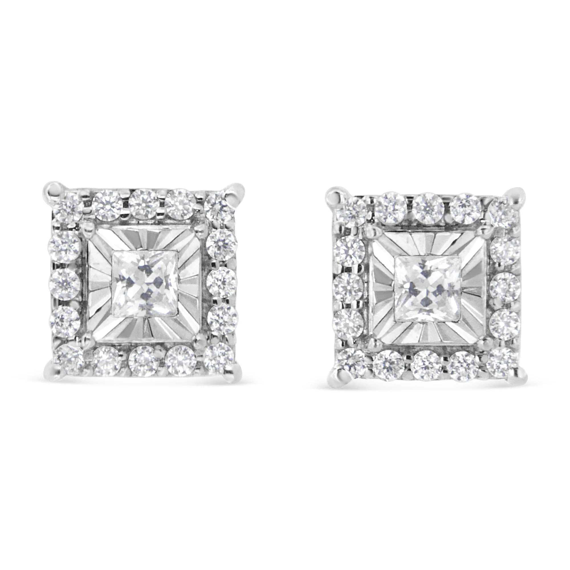 .925 Sterling Silver 1/4 Cttw Princess and Round Cut Diamond Halo Stud Earrings (I - J Color, I2 - I3 Clarity) - LinkagejewelrydesignLinkagejewelrydesign