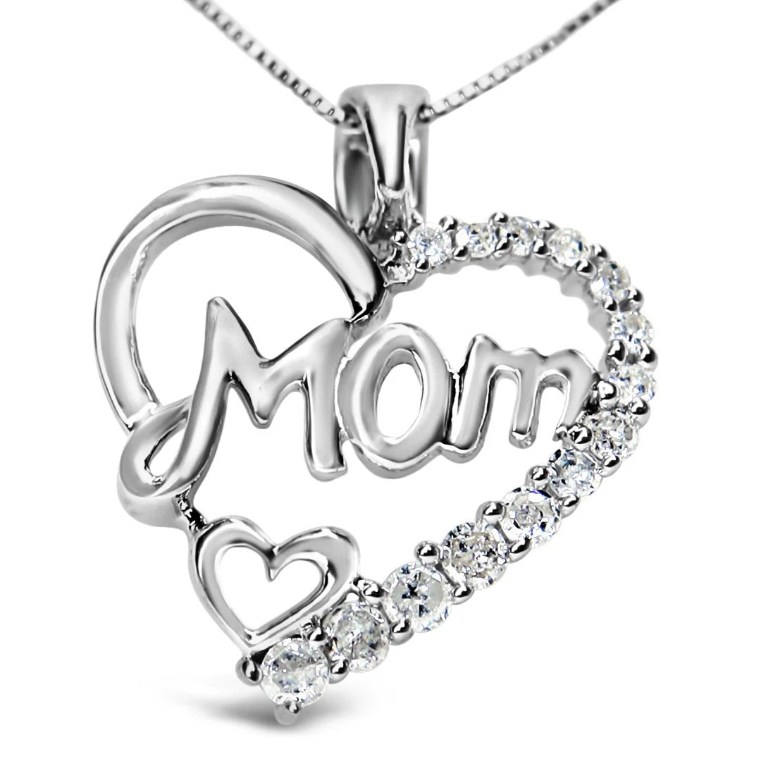 .925 Sterling Silver 1/4 Cttw Round Diamond "Mom" Heart Pendant 18" Necklace (I - J Color, I3 Clarity) - LinkagejewelrydesignLinkagejewelrydesign