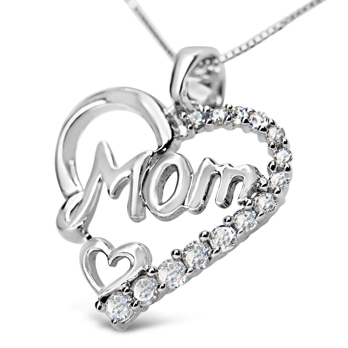 .925 Sterling Silver 1/4 Cttw Round Diamond "Mom" Heart Pendant 18" Necklace (I - J Color, I3 Clarity) - LinkagejewelrydesignLinkagejewelrydesign