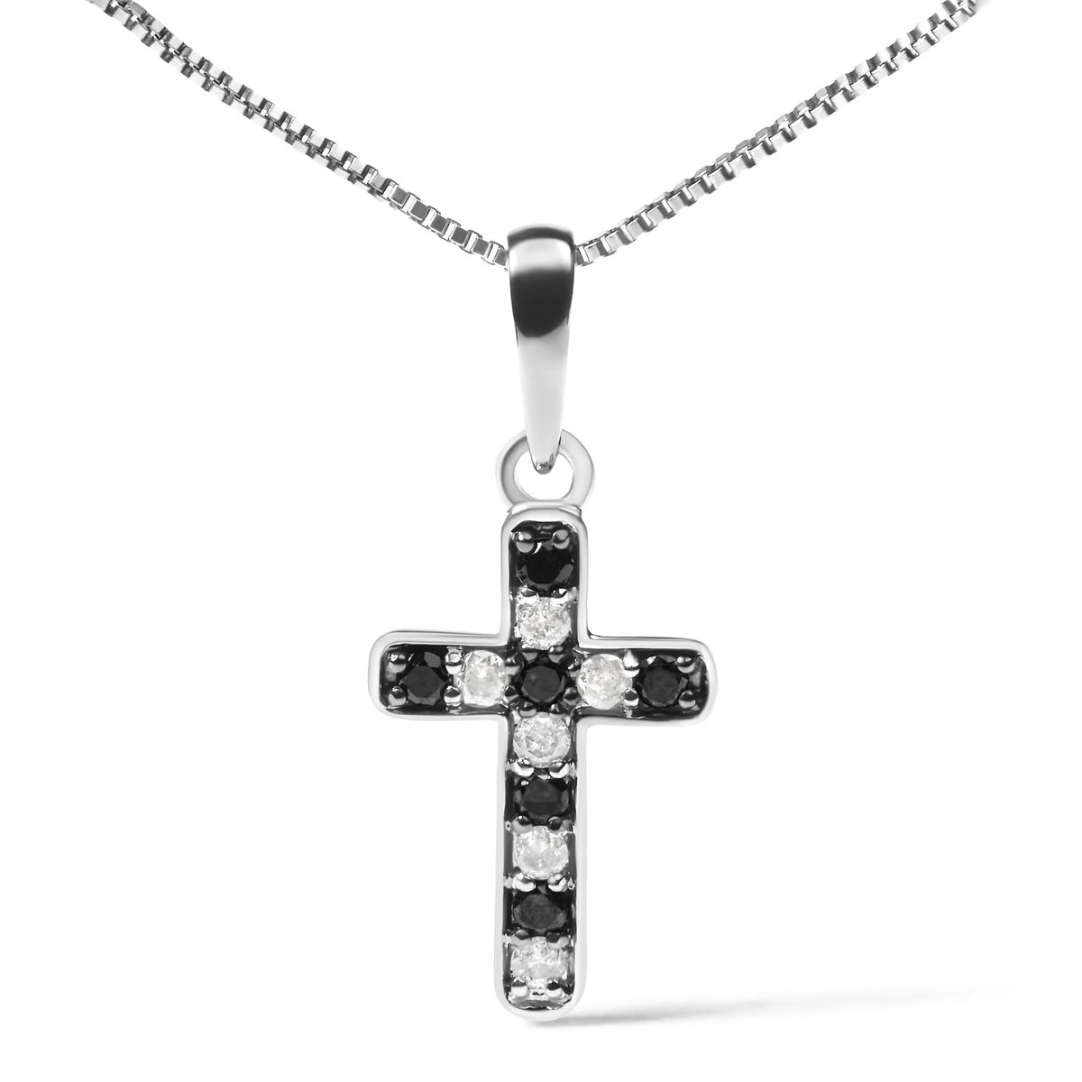 .925 Sterling Silver 1/4 Cttw Round Natural Treated Black and White Diamond Cross Pendant Necklace (Black and I - J Color, I3 Clarity) - LinkagejewelrydesignLinkagejewelrydesign