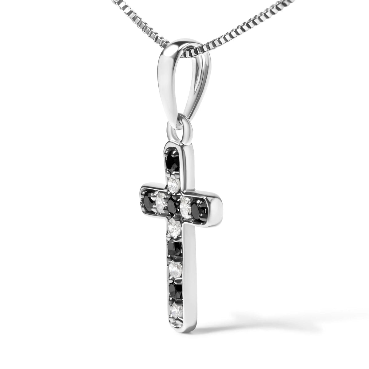 .925 Sterling Silver 1/4 Cttw Round Natural Treated Black and White Diamond Cross Pendant Necklace (Black and I - J Color, I3 Clarity) - LinkagejewelrydesignLinkagejewelrydesign