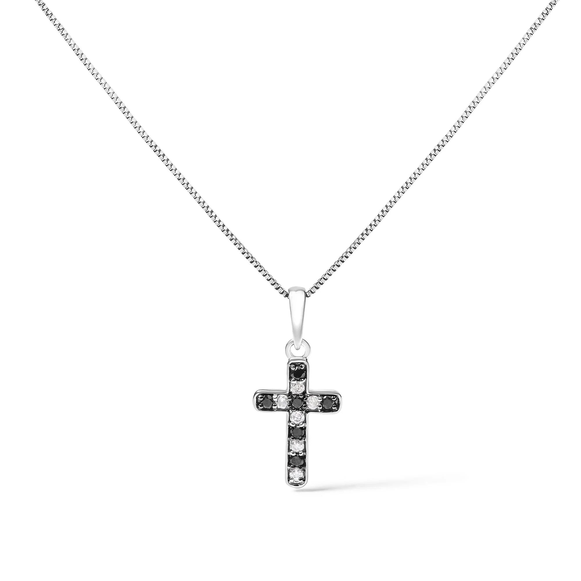 .925 Sterling Silver 1/4 Cttw Round Natural Treated Black and White Diamond Cross Pendant Necklace (Black and I - J Color, I3 Clarity) - LinkagejewelrydesignLinkagejewelrydesign