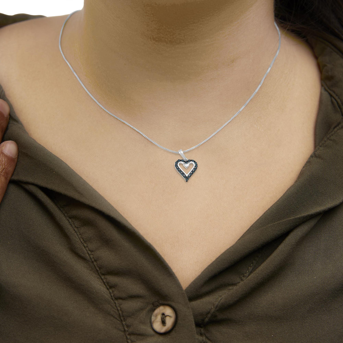 .925 Sterling Silver 1/5 Cttw Blue Diamond Open Heart Pendant Necklace (I - J Color, I2 - I3 Clarity) - 18&quot; Inches - LinkagejewelrydesignLinkagejewelrydesign
