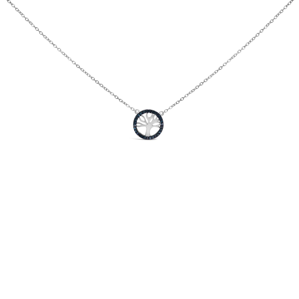 .925 Sterling Silver 1/6 Cttw Blue Diamond Tree of Life and Circle 18&quot; Pendant Necklace (Blue Color, SI1 - SI2 Clarity) - LinkagejewelrydesignLinkagejewelrydesign