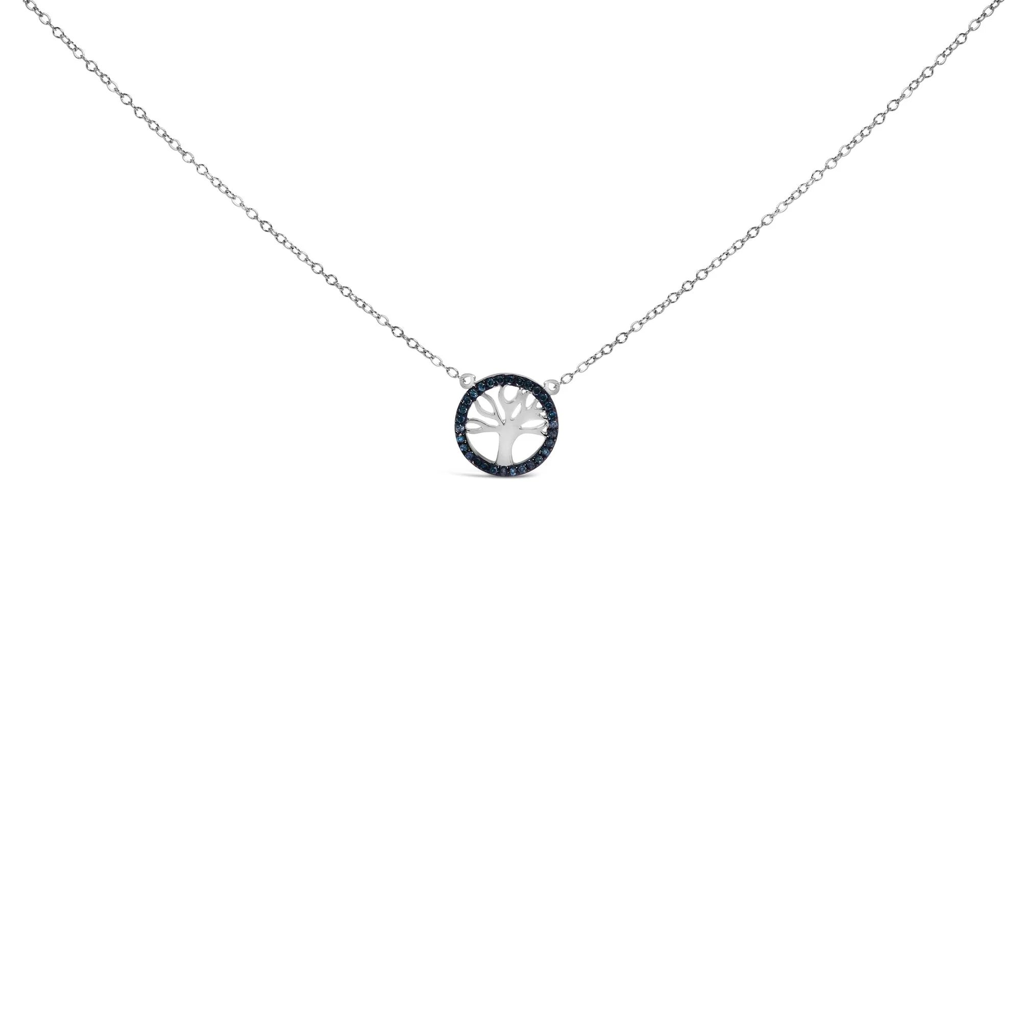 .925 Sterling Silver 1/6 Cttw Blue Diamond Tree of Life and Circle 18" Pendant Necklace (Blue Color, SI1 - SI2 Clarity) - LinkagejewelrydesignLinkagejewelrydesign