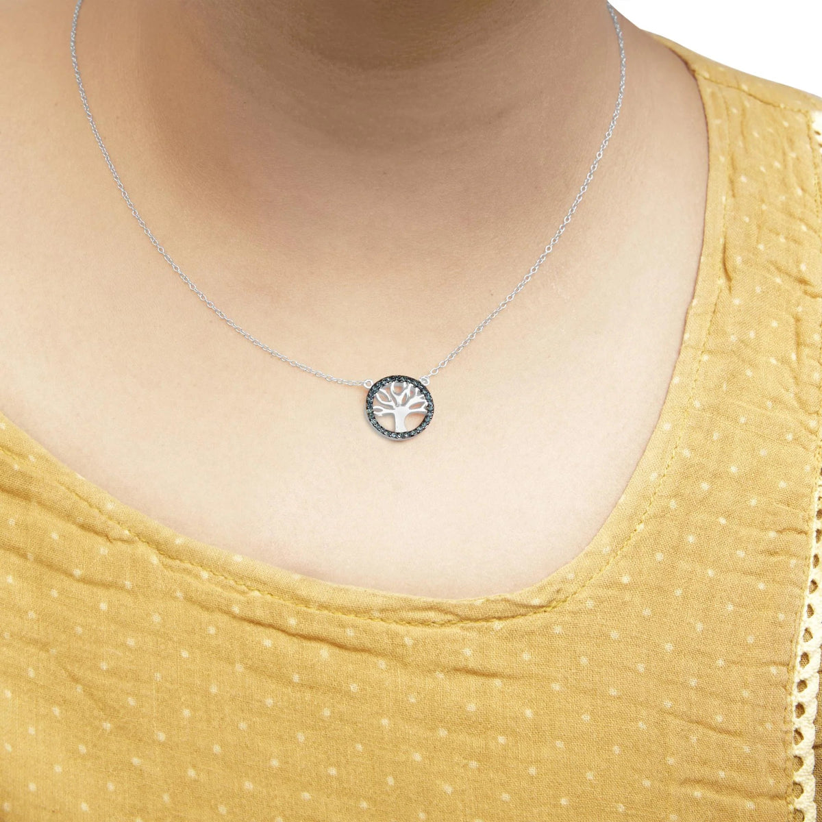 .925 Sterling Silver 1/6 Cttw Blue Diamond Tree of Life and Circle 18&quot; Pendant Necklace (Blue Color, SI1 - SI2 Clarity) - LinkagejewelrydesignLinkagejewelrydesign