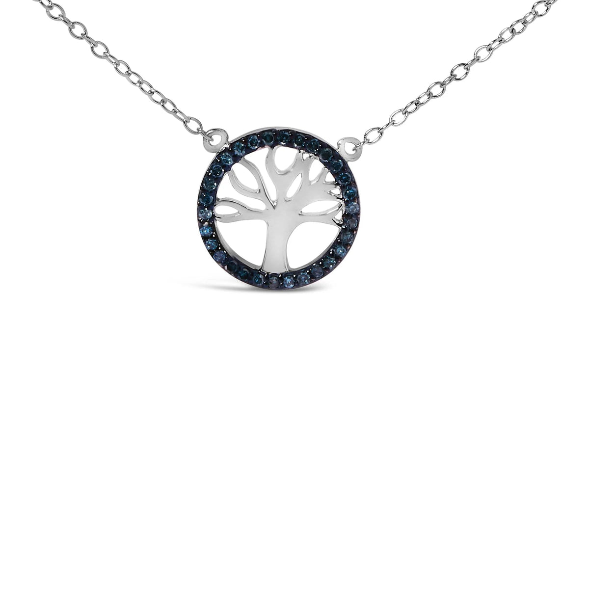 .925 Sterling Silver 1/6 Cttw Blue Diamond Tree of Life and Circle 18&quot; Pendant Necklace (Blue Color, SI1 - SI2 Clarity) - LinkagejewelrydesignLinkagejewelrydesign